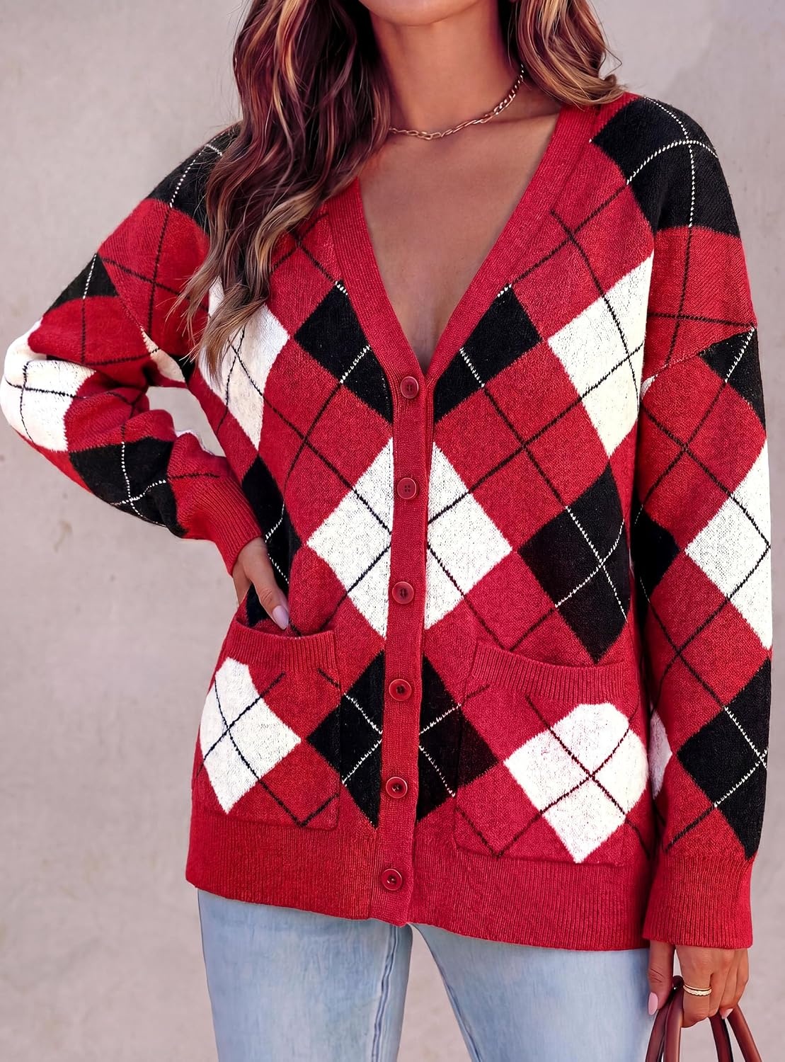 image:imagePRETTYGARDEN Womens Cardigan Argyle Winter SweatersPlaid Red