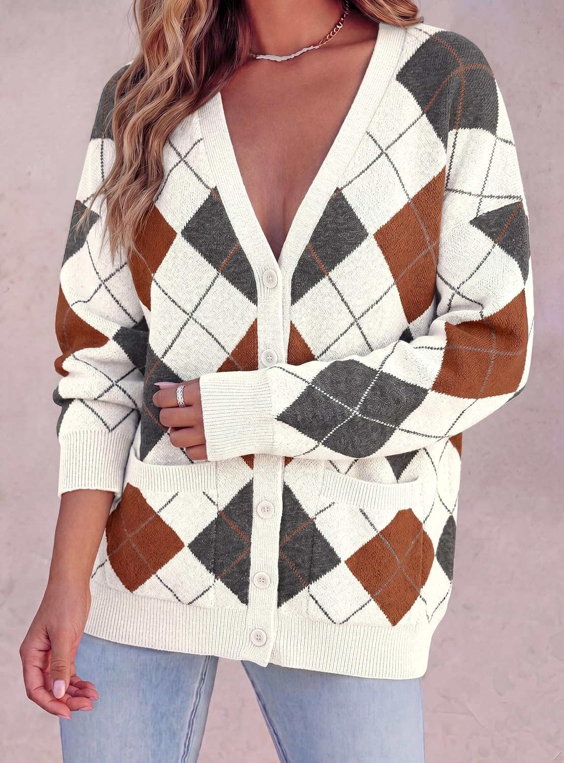 image:imagePRETTYGARDEN Womens Cardigan Argyle Winter SweatersPlaid White