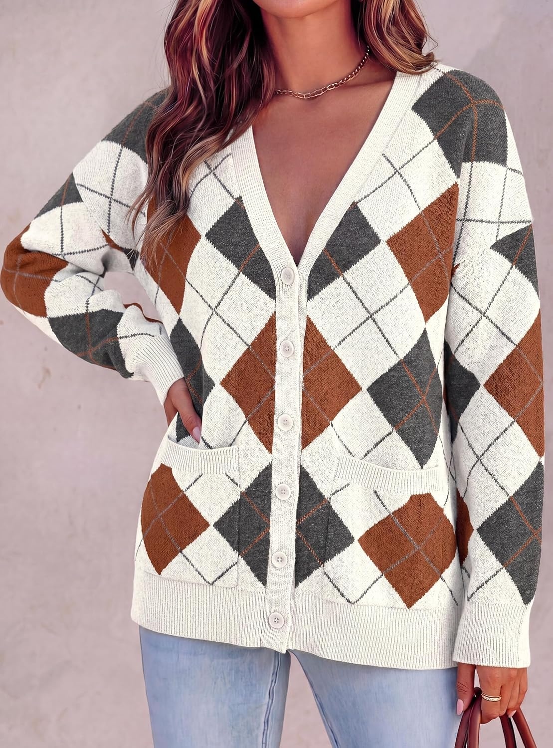 image:imagePRETTYGARDEN Womens Cardigan Argyle Winter SweatersPlaid White