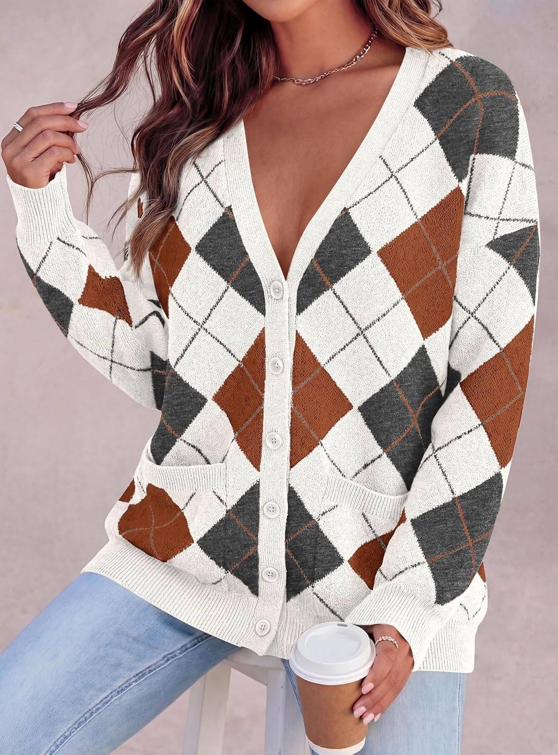 image:imagePRETTYGARDEN Womens Cardigan Argyle Winter SweatersPlaid White