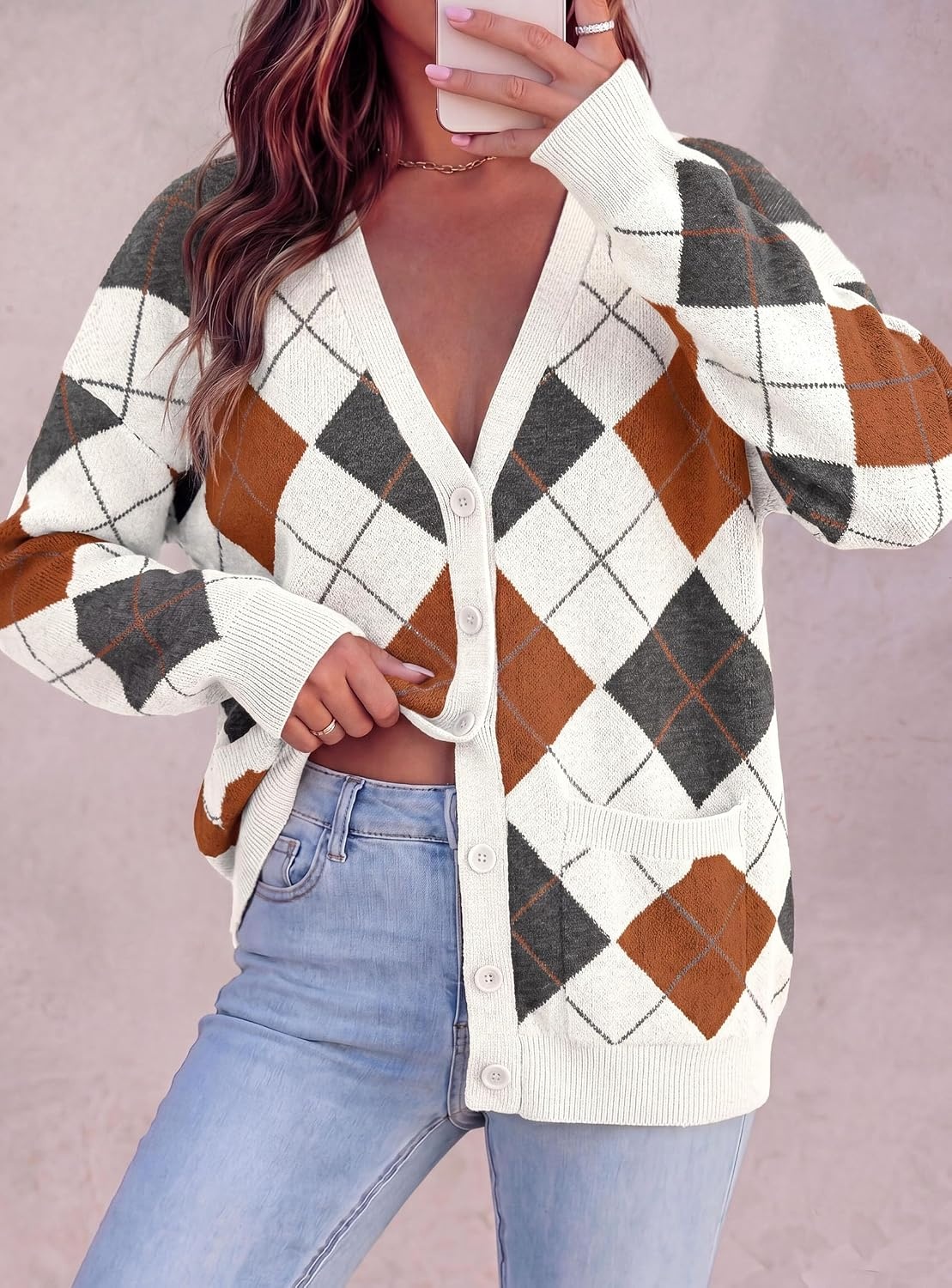 image:imagePRETTYGARDEN Womens Cardigan Argyle Winter SweatersPlaid White