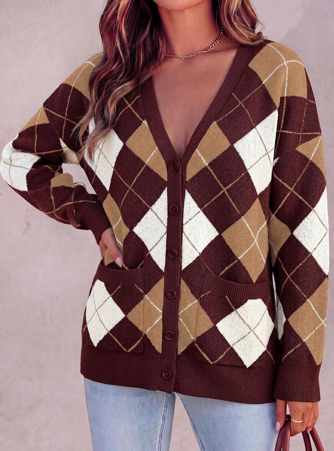 image:imagePRETTYGARDEN Womens Cardigan Argyle Winter SweatersPlaid Wine Red