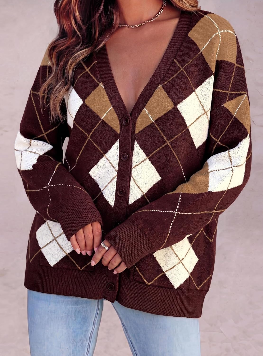 image:imagePRETTYGARDEN Womens Cardigan Argyle Winter SweatersPlaid Wine Red