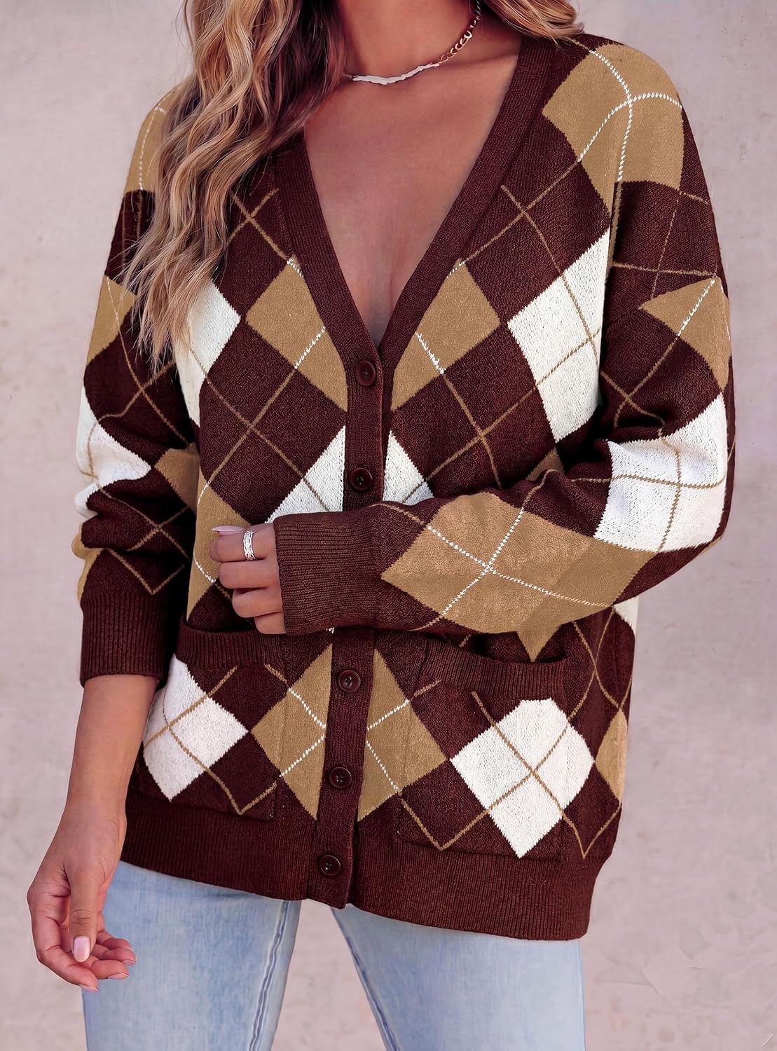 image:imagePRETTYGARDEN Womens Cardigan Argyle Winter SweatersPlaid Wine Red