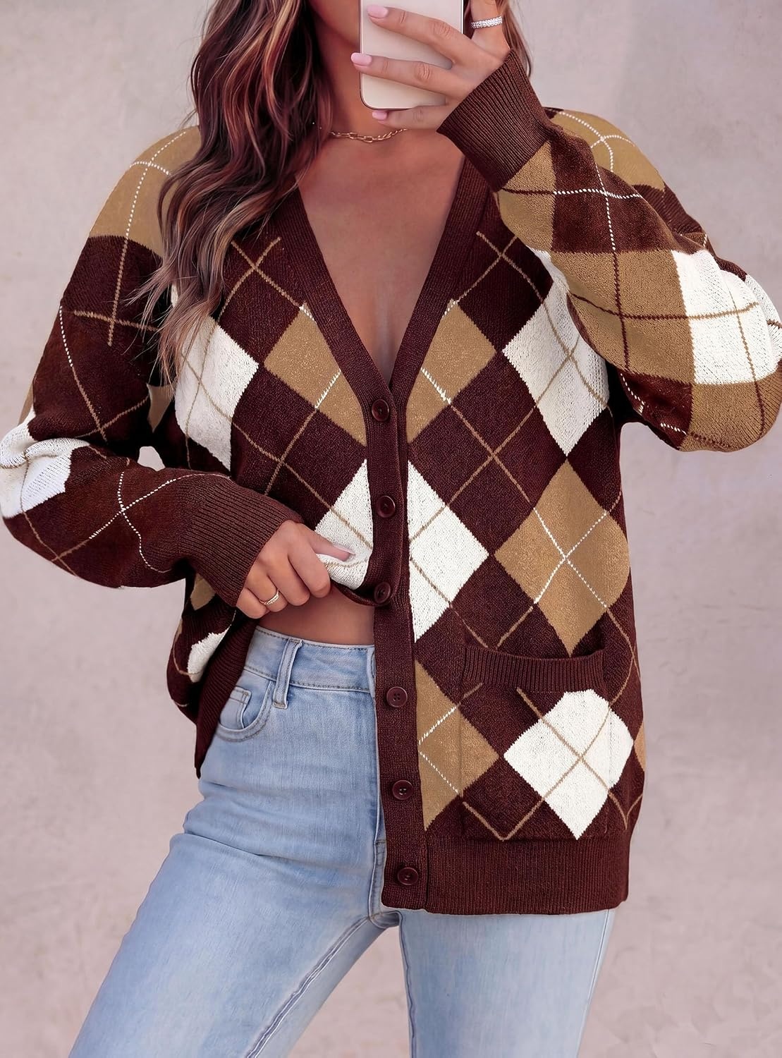 image:imagePRETTYGARDEN Womens Cardigan Argyle Winter SweatersPlaid Wine Red