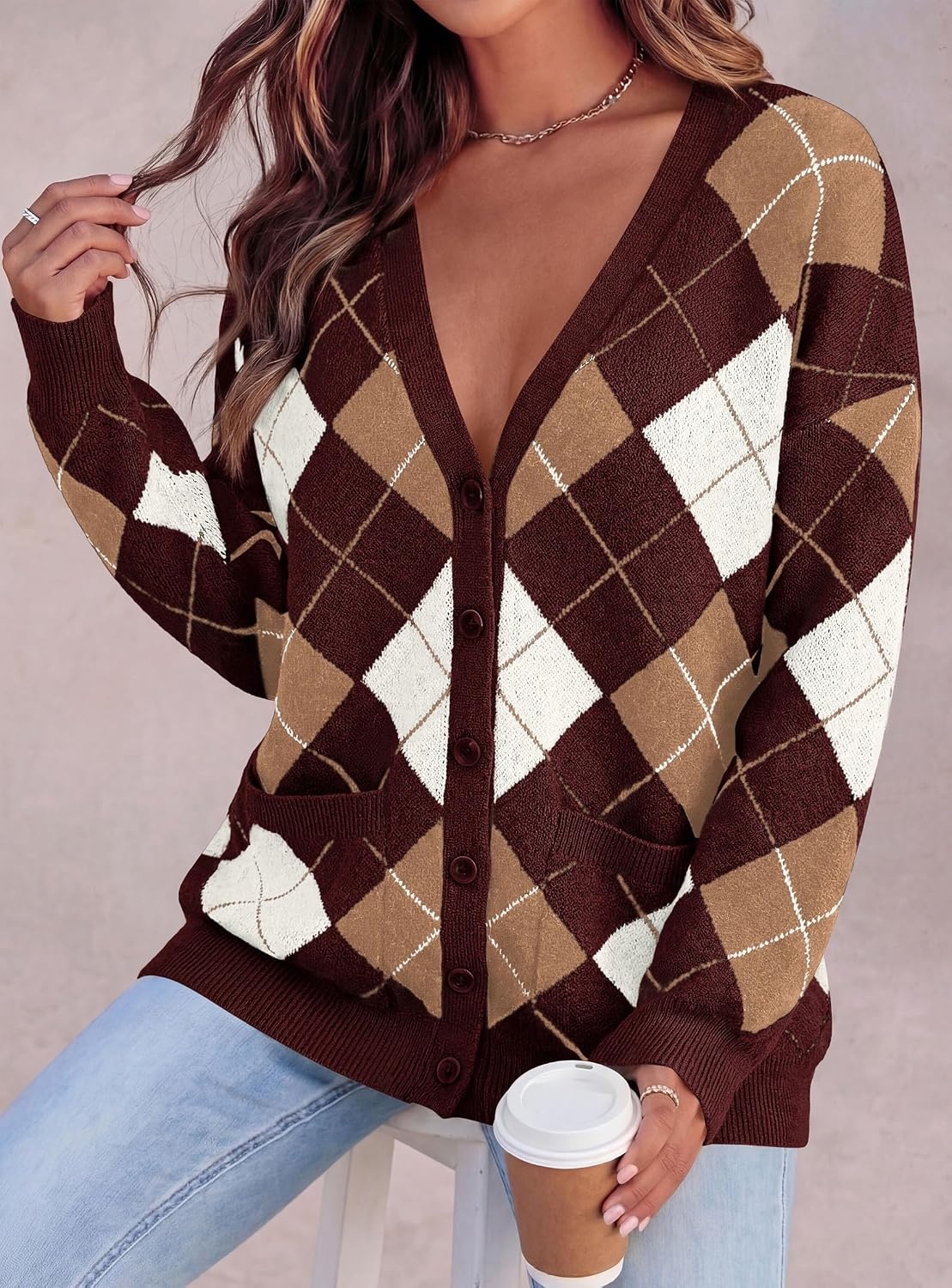 image:imagePRETTYGARDEN Womens Cardigan Argyle Winter SweatersPlaid Wine Red