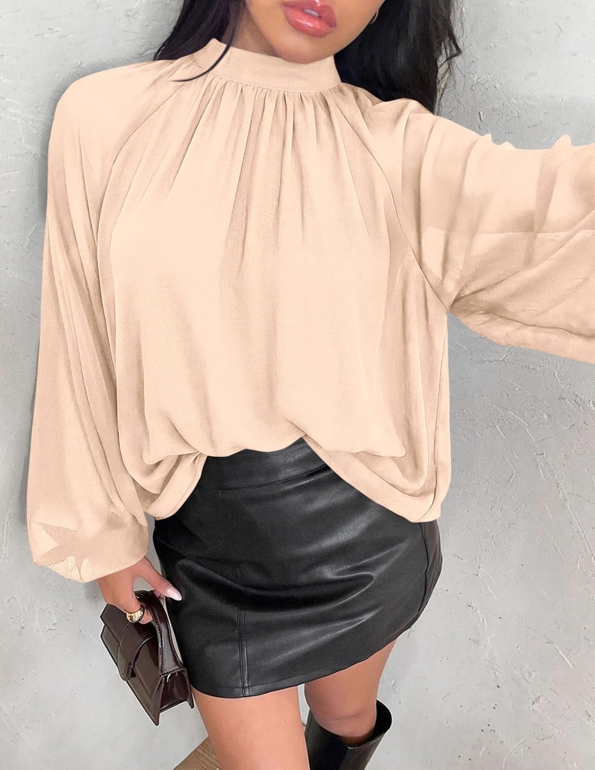 image:imagePRETTYGARDEN Womens Chiffon Blouses Dressy Casual Mock Neck TopsBeige