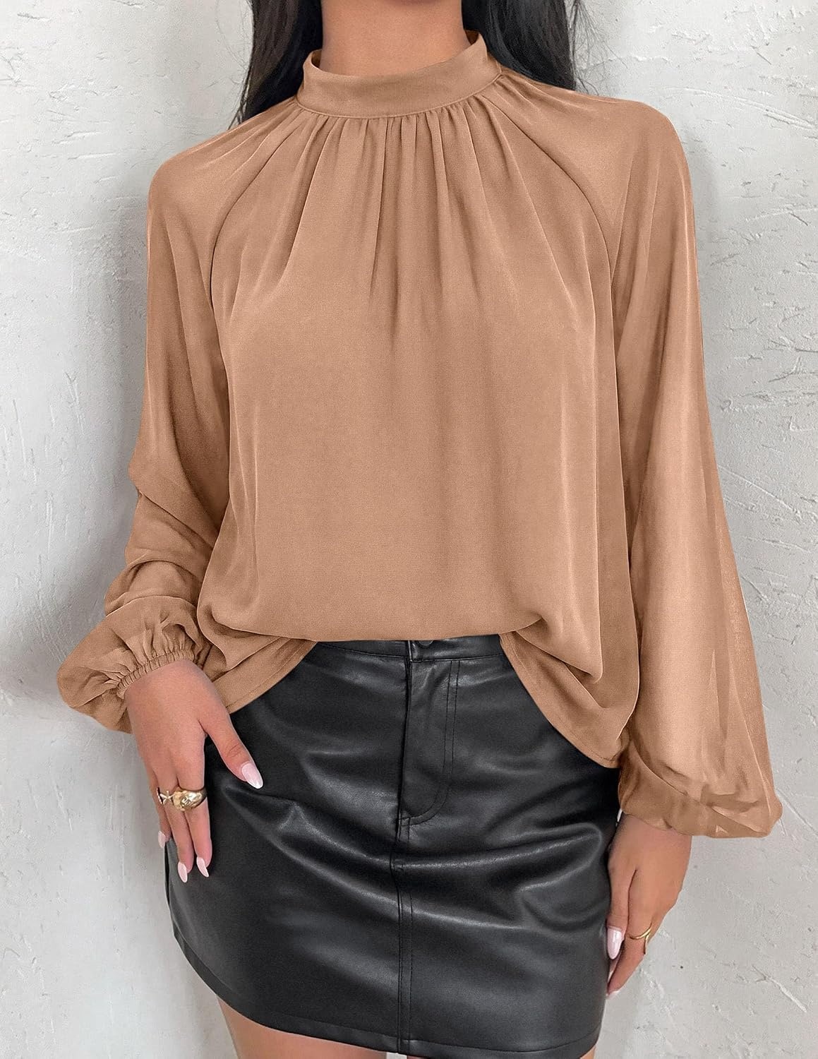 image:imagePRETTYGARDEN Womens Chiffon Blouses Dressy Casual Mock Neck TopsKhaki