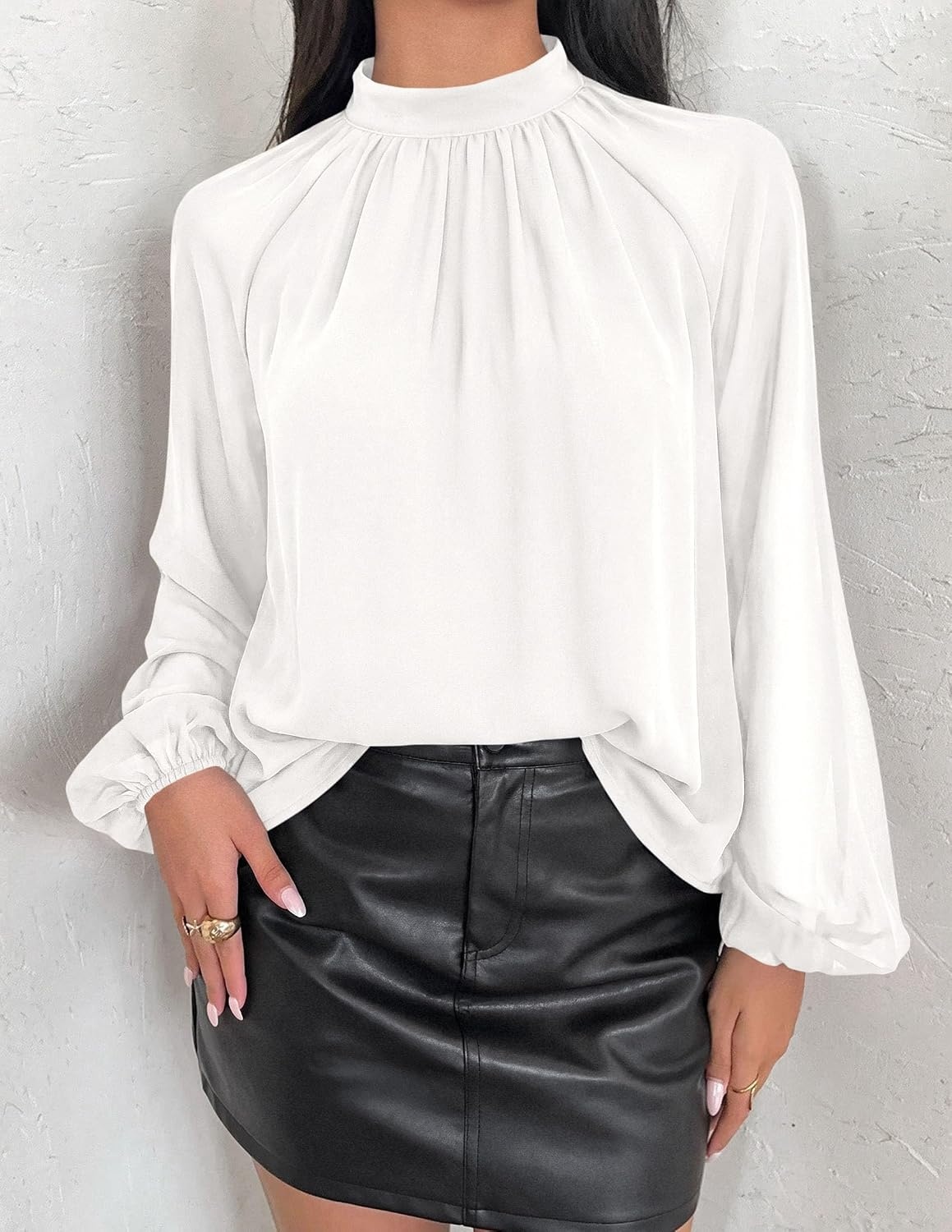 image:imagePRETTYGARDEN Womens Chiffon Blouses Dressy Casual Mock Neck TopsWhite