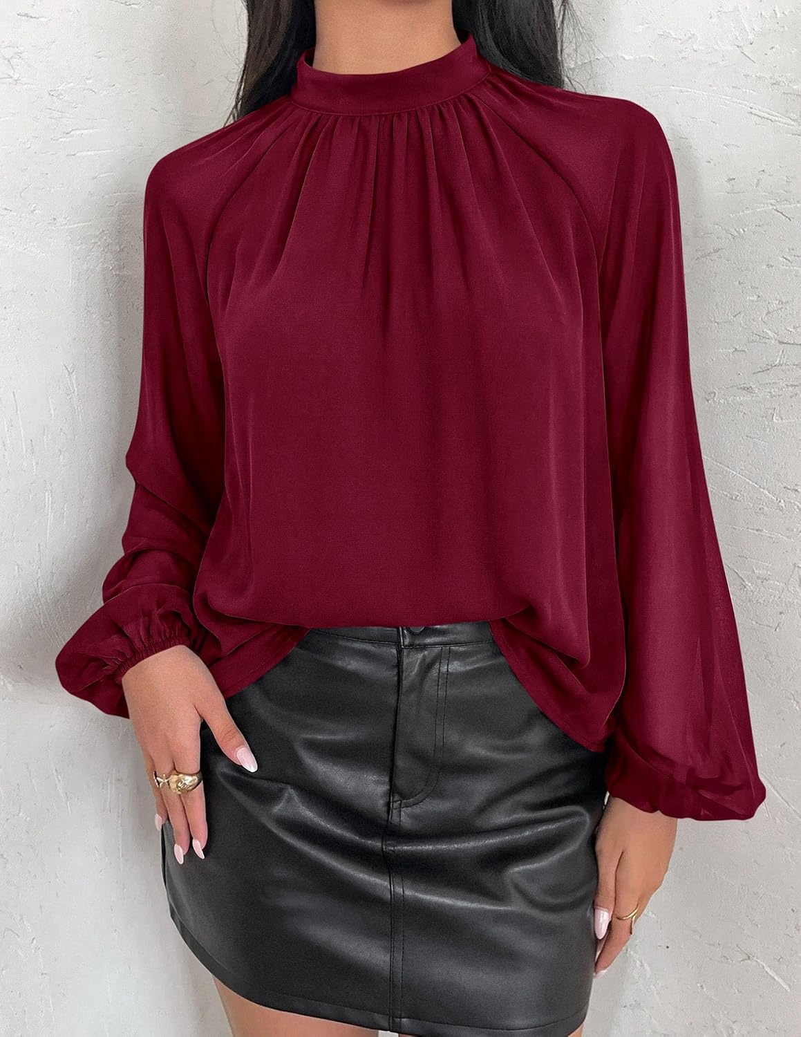 image:imagePRETTYGARDEN Womens Chiffon Blouses Dressy Casual Mock Neck TopsWine Red