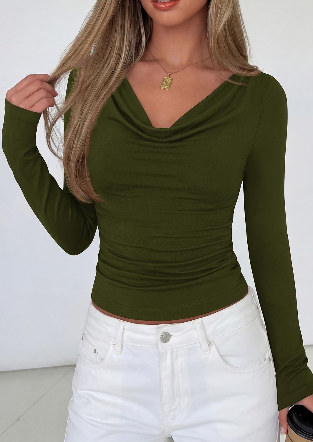 image:imagePRETTYGARDEN Womens Cowl Neck Long Sleeve ShirtsArmy Green