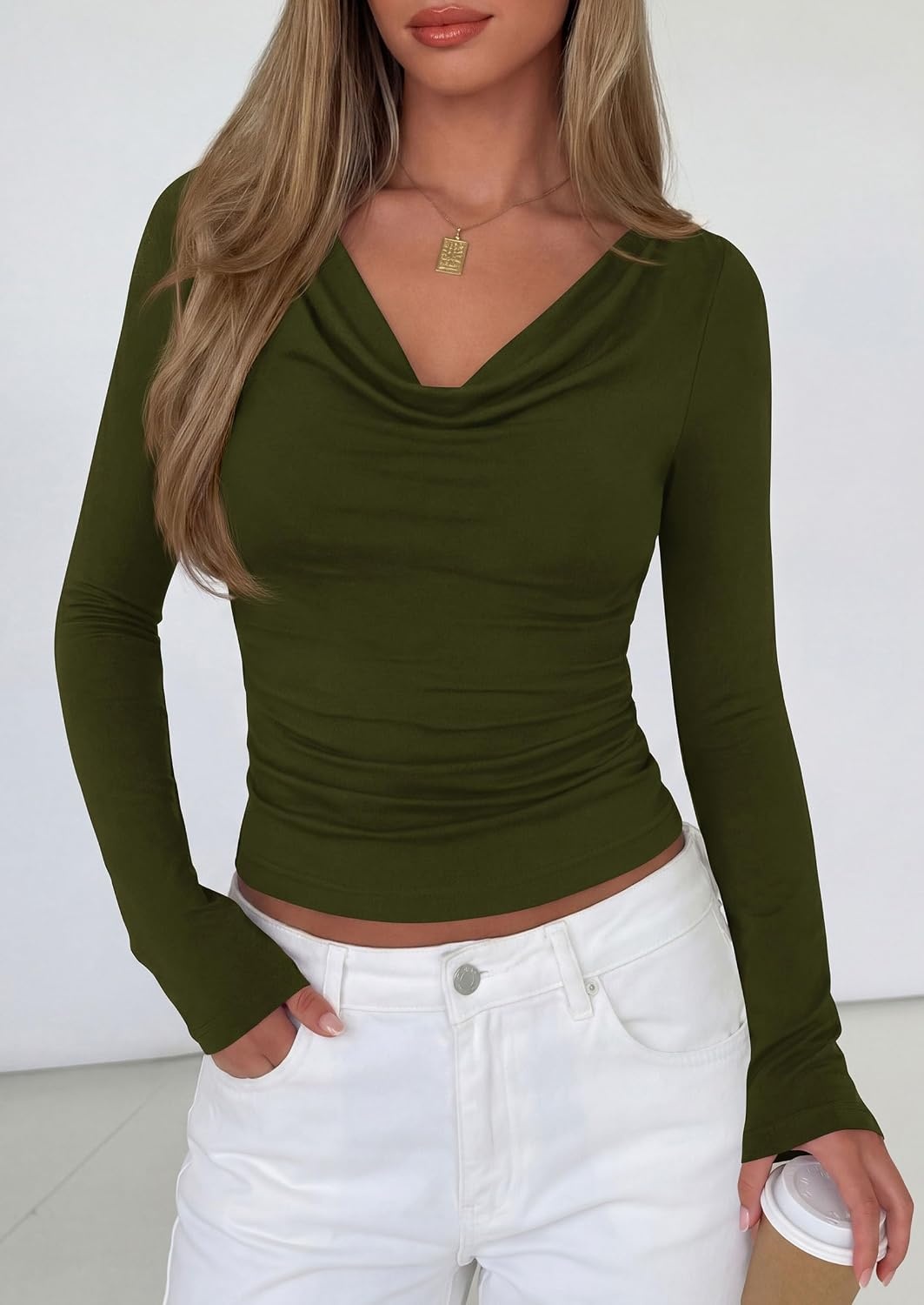 image:imagePRETTYGARDEN Womens Cowl Neck Long Sleeve ShirtsArmy Green