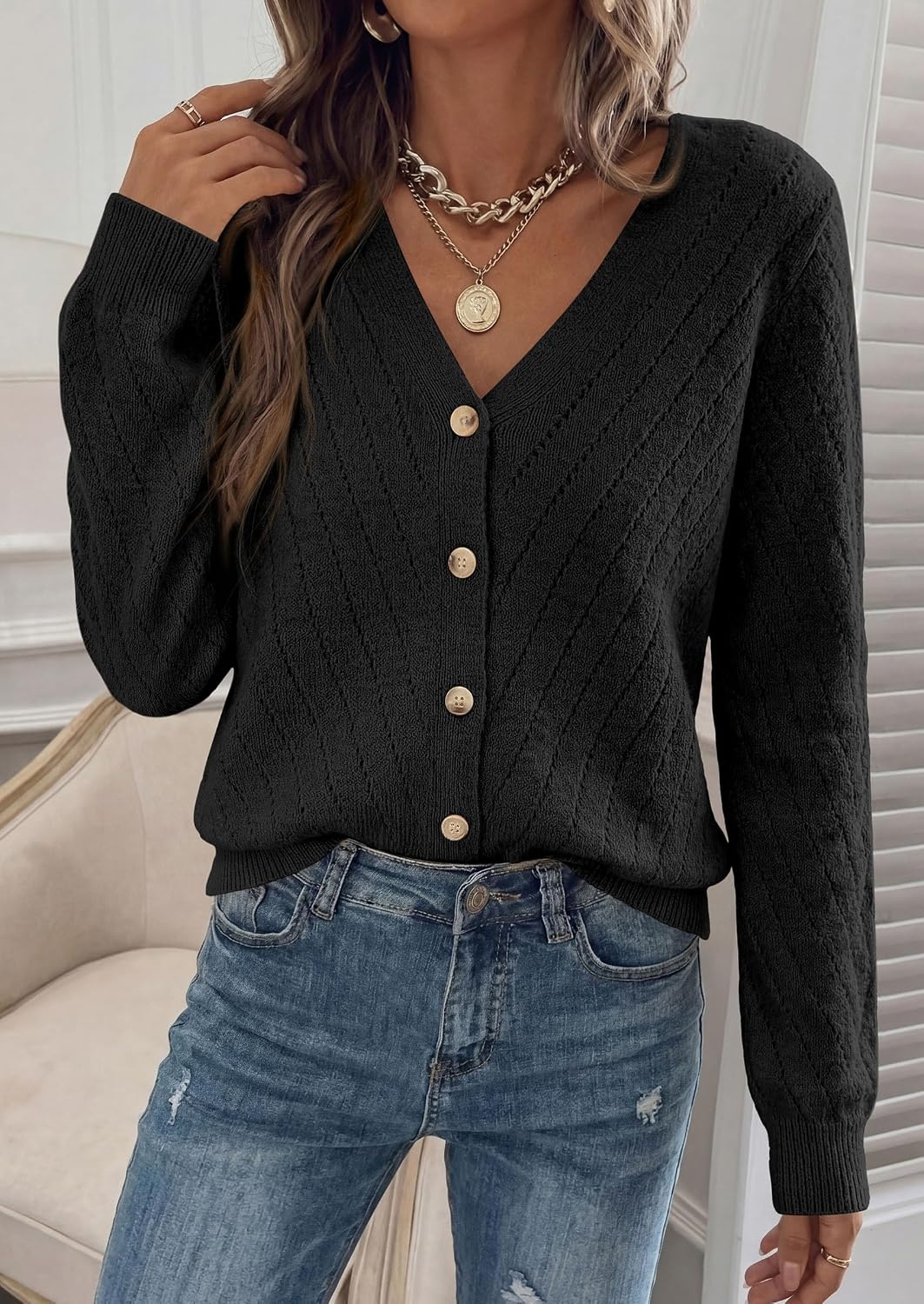 image:imagePRETTYGARDEN Womens Cozy Cardigan Sweater with ButtonBlack