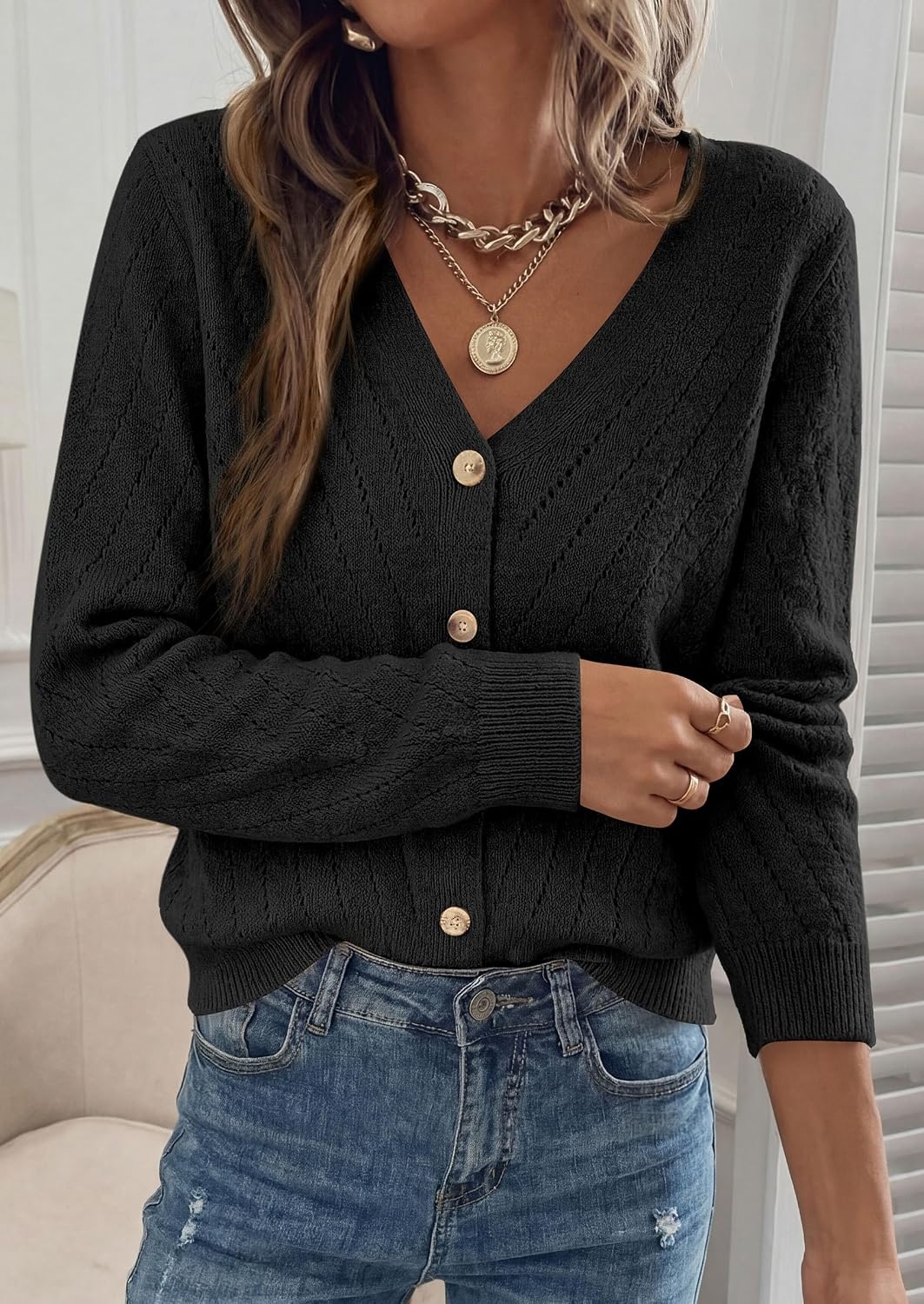 image:imagePRETTYGARDEN Womens Cozy Cardigan Sweater with ButtonBlack