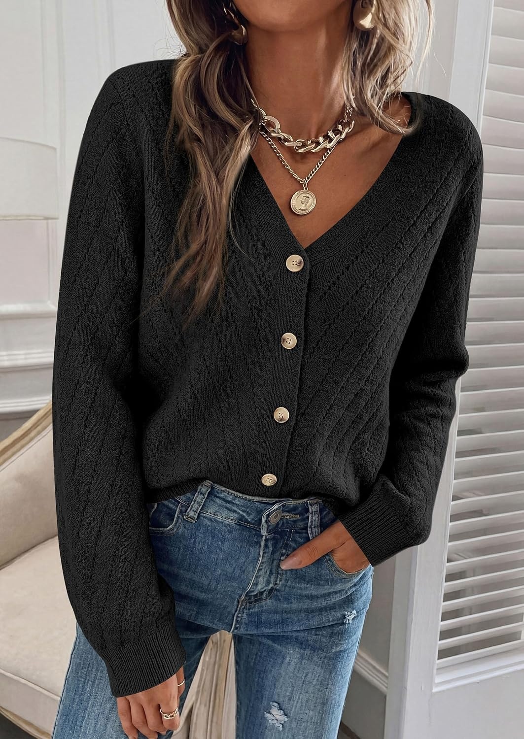image:imagePRETTYGARDEN Womens Cozy Cardigan Sweater with ButtonBlack