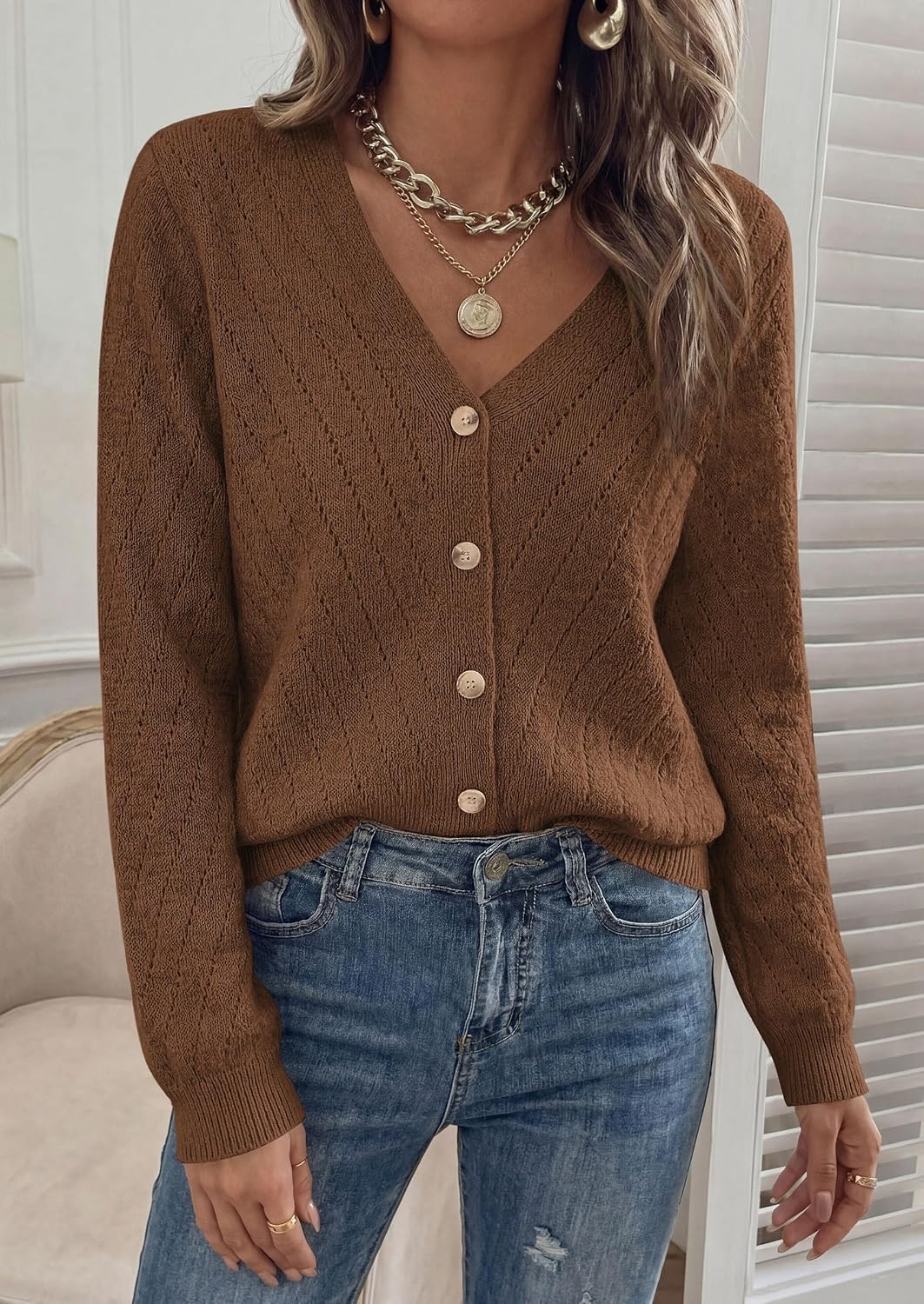 image:imagePRETTYGARDEN Womens Cozy Cardigan Sweater with ButtonBrown