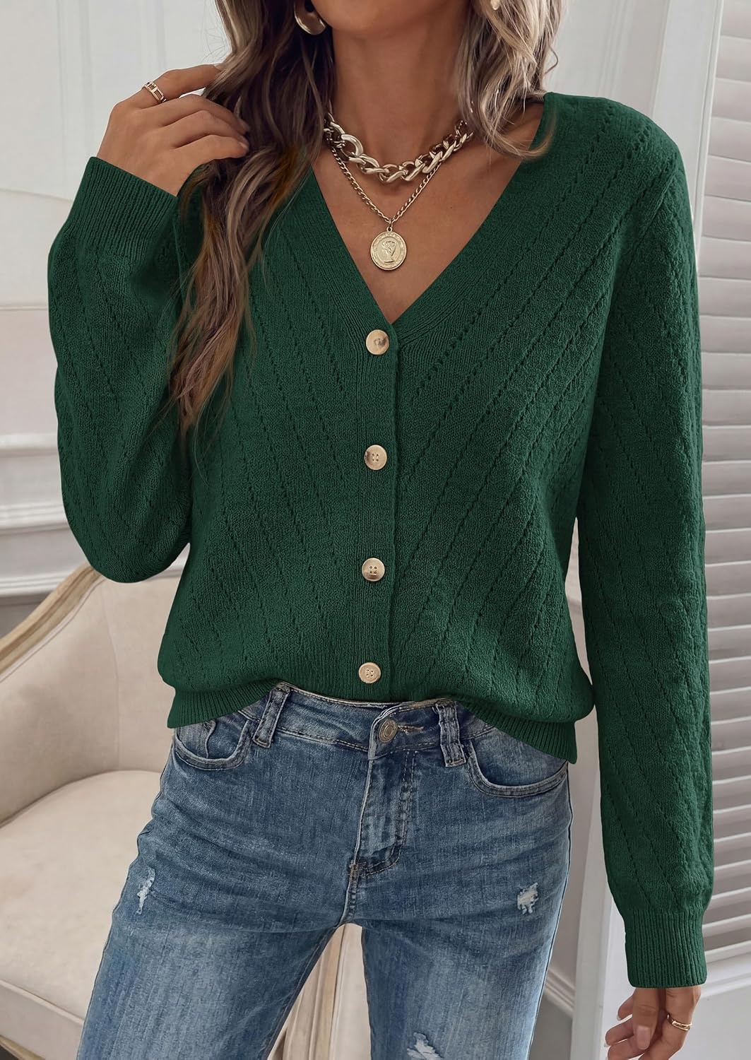 image:imagePRETTYGARDEN Womens Cozy Cardigan Sweater with ButtonDark Green