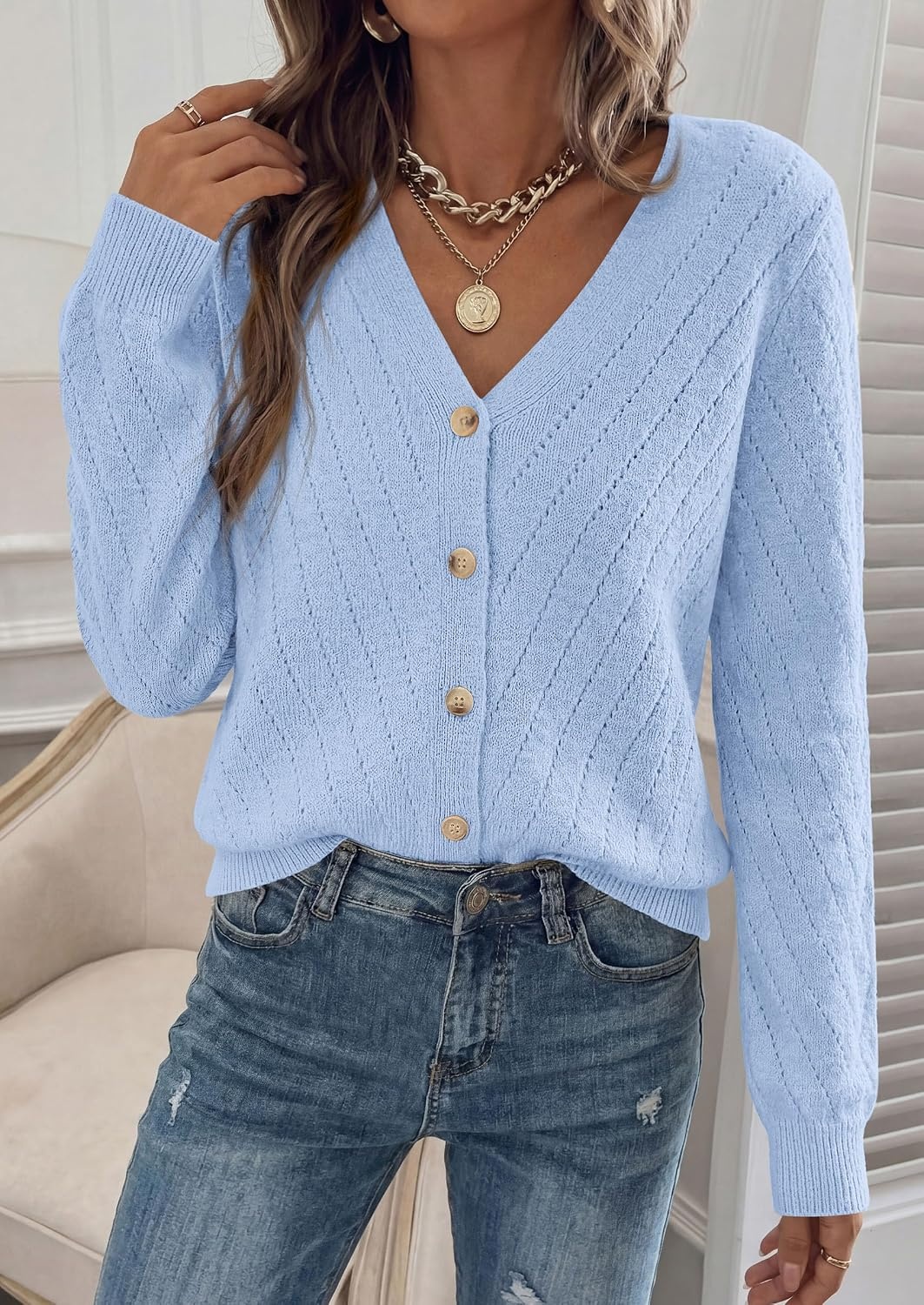 image:imagePRETTYGARDEN Womens Cozy Cardigan Sweater with ButtonLight Blue