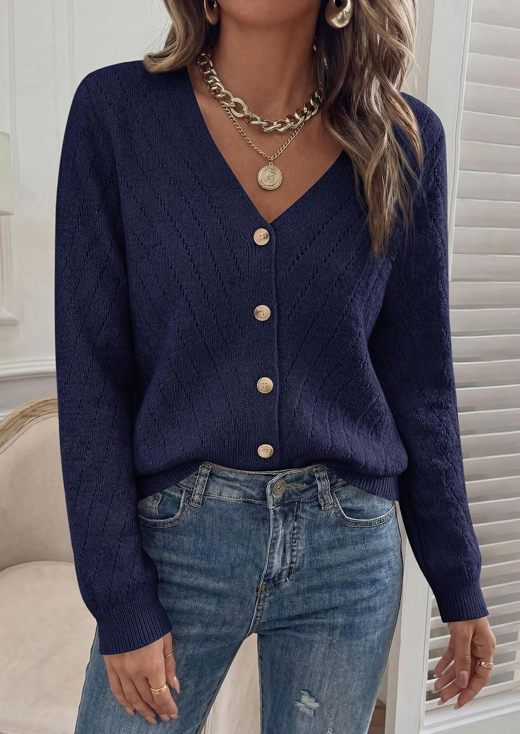 image:imagePRETTYGARDEN Womens Cozy Cardigan Sweater with ButtonNavy Blue