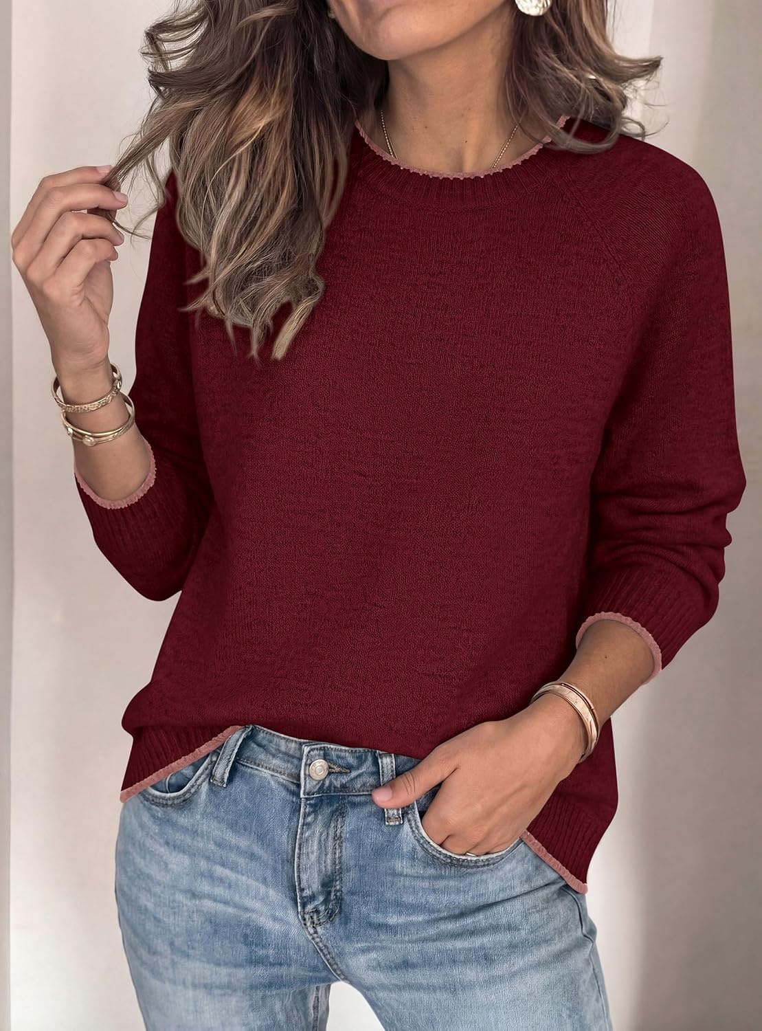 image:imagePRETTYGARDEN Womens Crewneck Fall Sweaters Pullover TopsWine Red