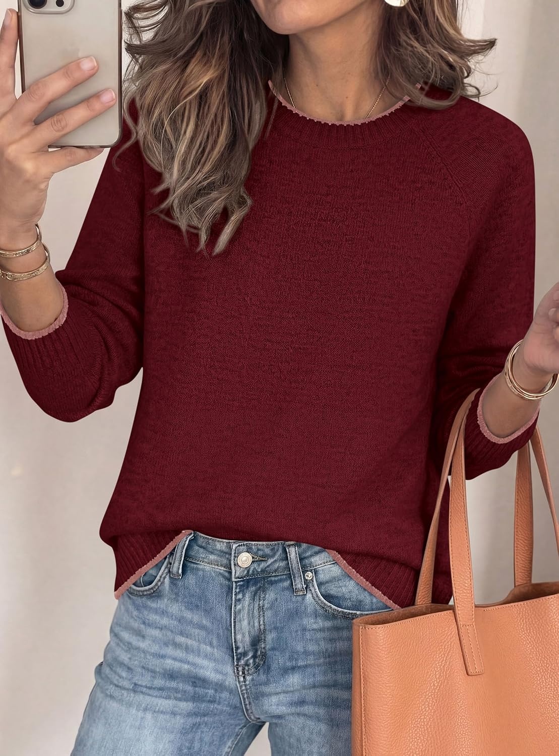 image:imagePRETTYGARDEN Womens Crewneck Fall Sweaters Pullover TopsWine Red