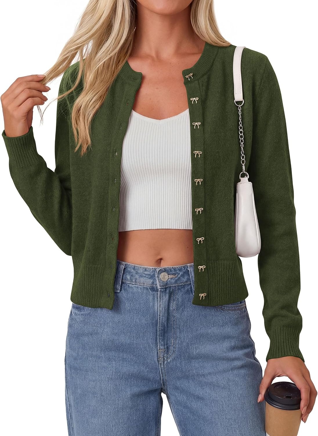 image:imagePRETTYGARDEN Womens Cropped Button Up Knit Cardigan SweaterArmy Green