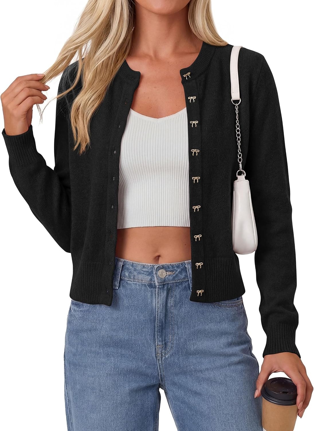 image:imagePRETTYGARDEN Womens Cropped Button Up Knit Cardigan SweaterBlack