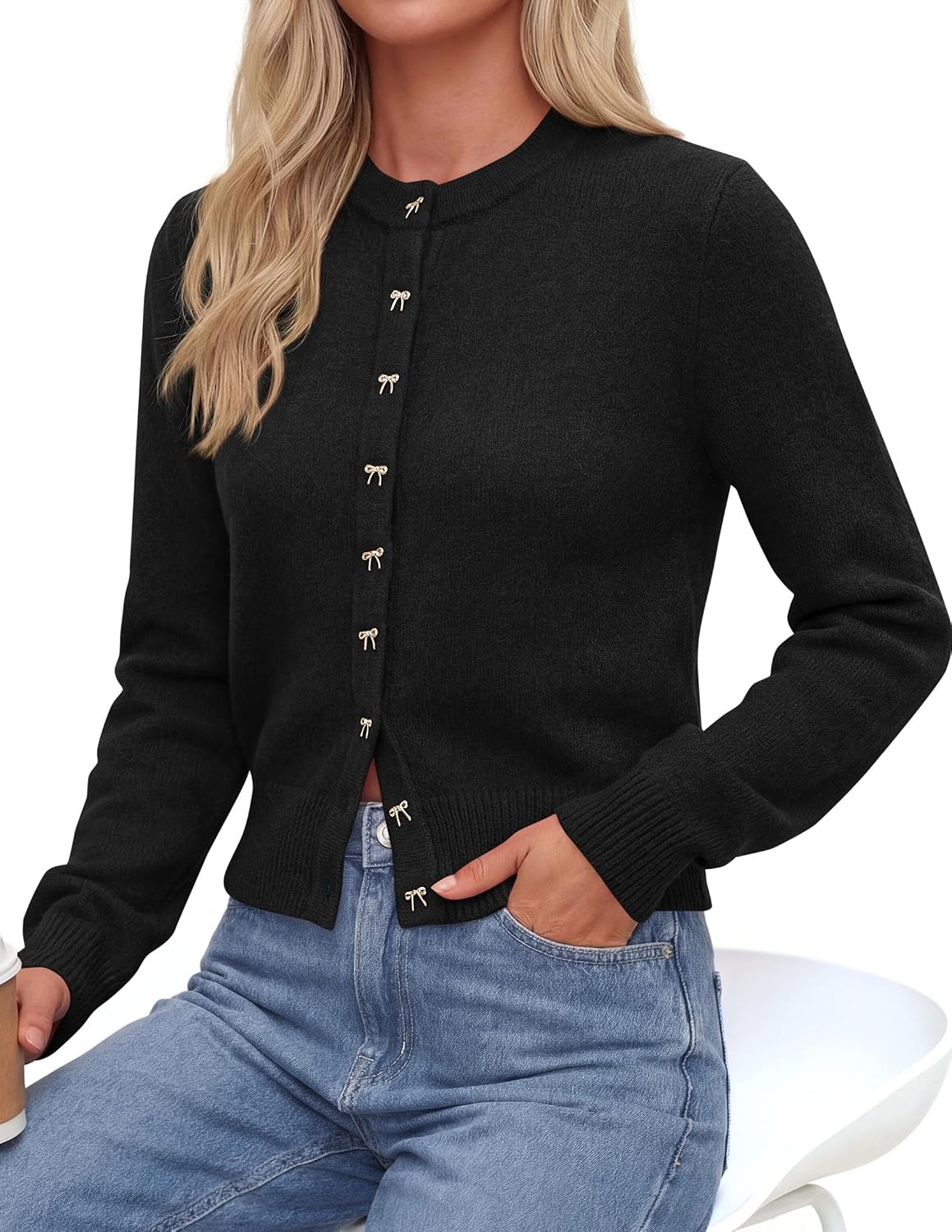 image:imagePRETTYGARDEN Womens Cropped Button Up Knit Cardigan SweaterBlack