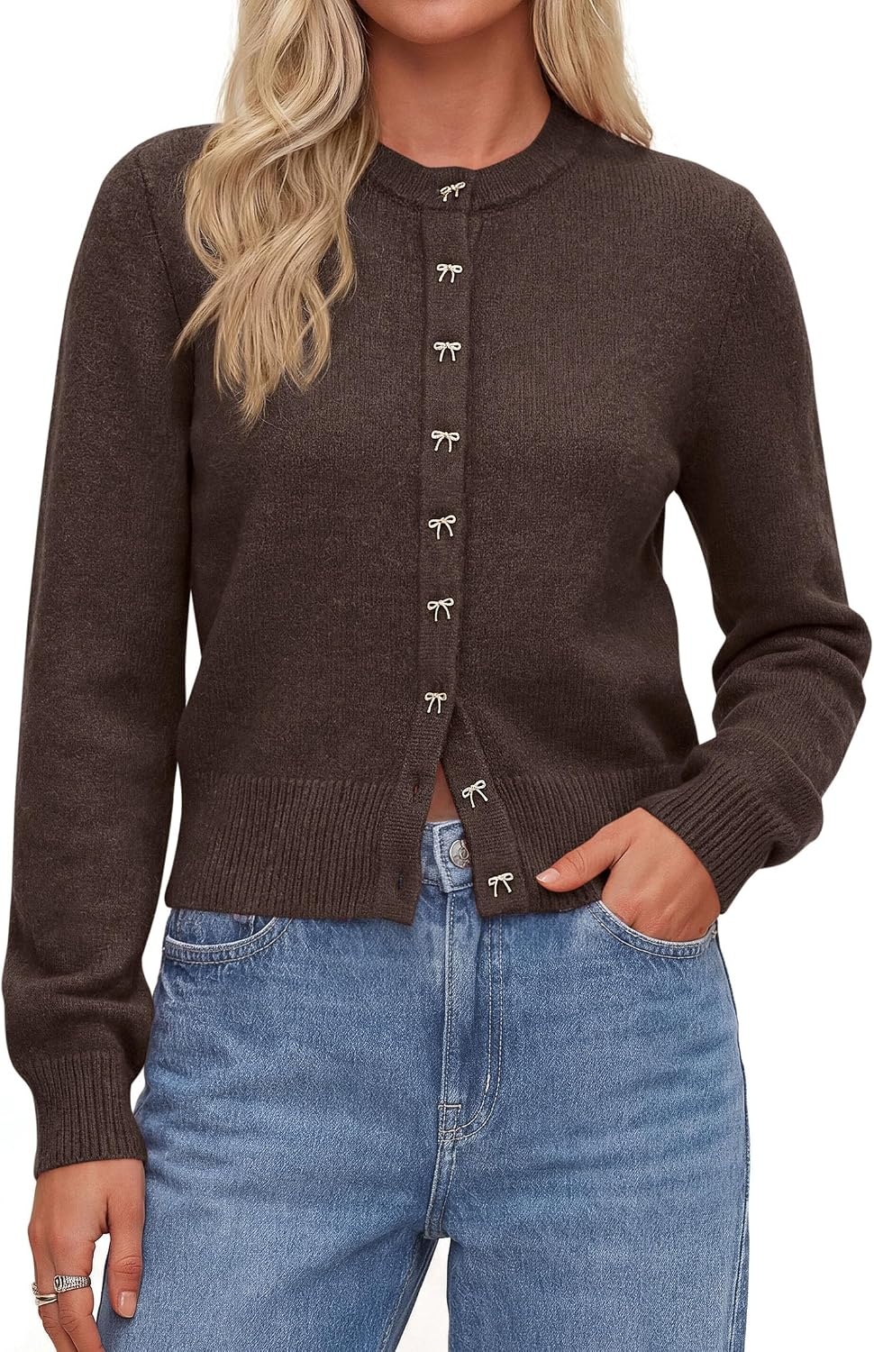 image:imagePRETTYGARDEN Womens Cropped Button Up Knit Cardigan SweaterBrown