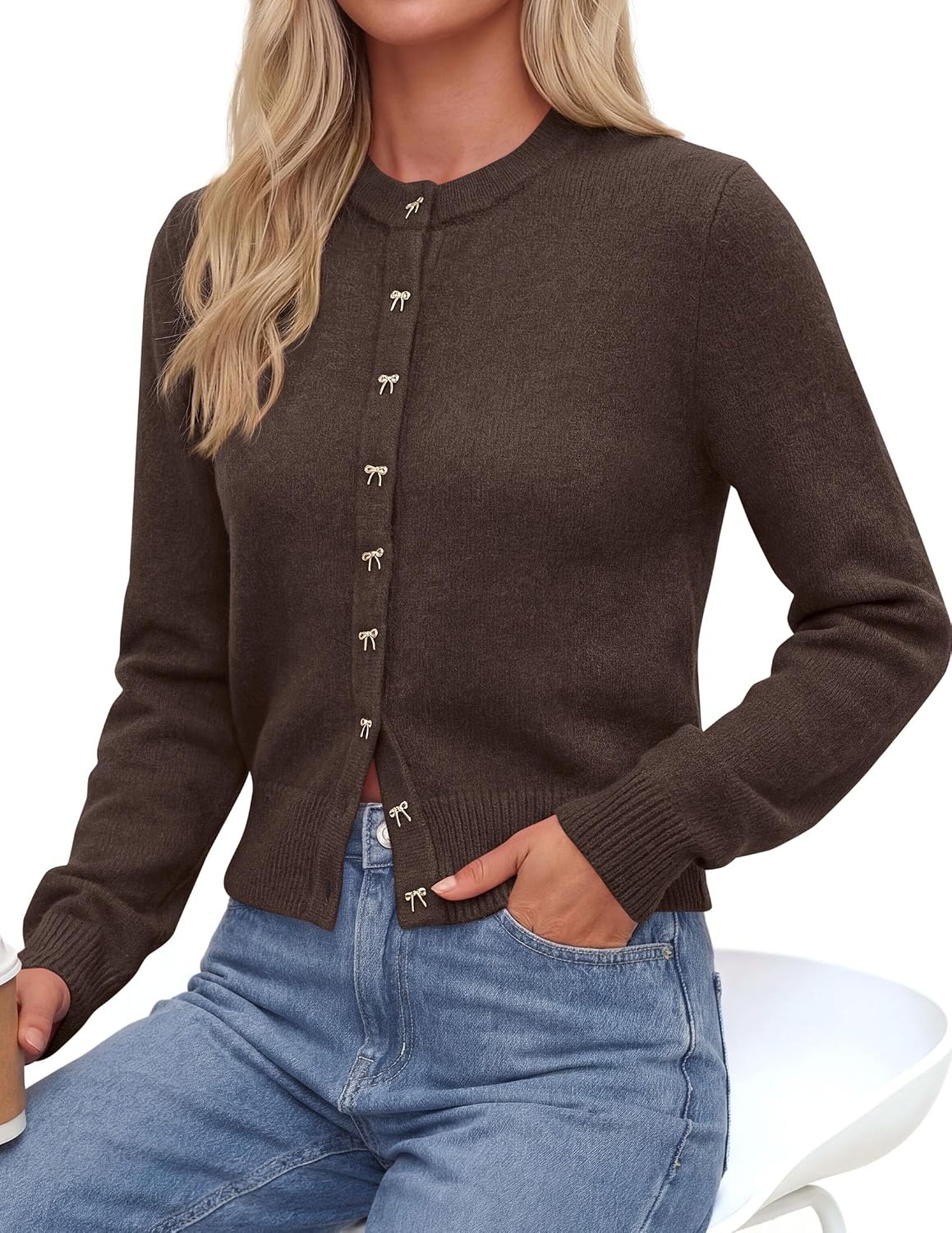 image:imagePRETTYGARDEN Womens Cropped Button Up Knit Cardigan SweaterBrown
