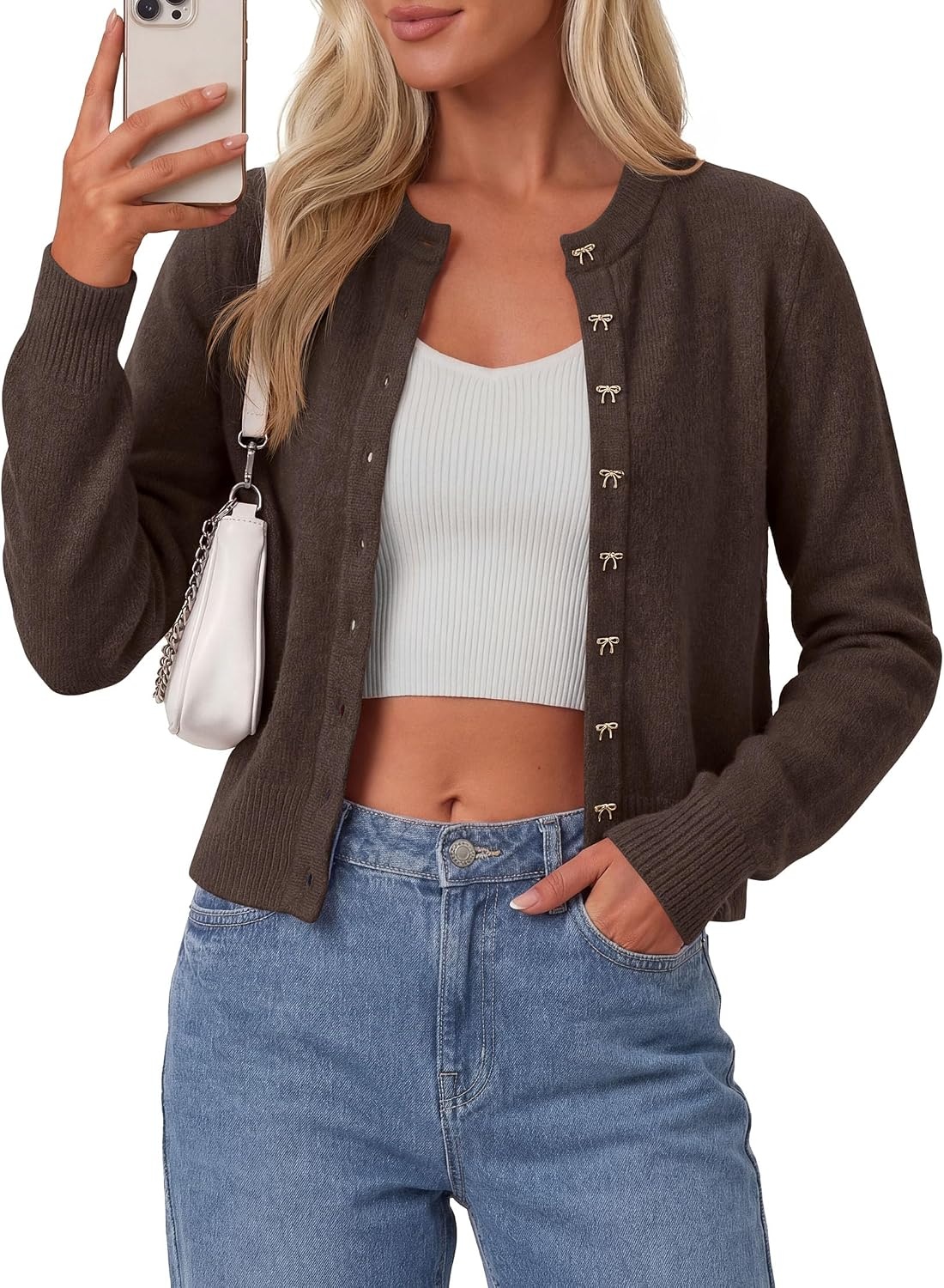 image:imagePRETTYGARDEN Womens Cropped Button Up Knit Cardigan SweaterBrown