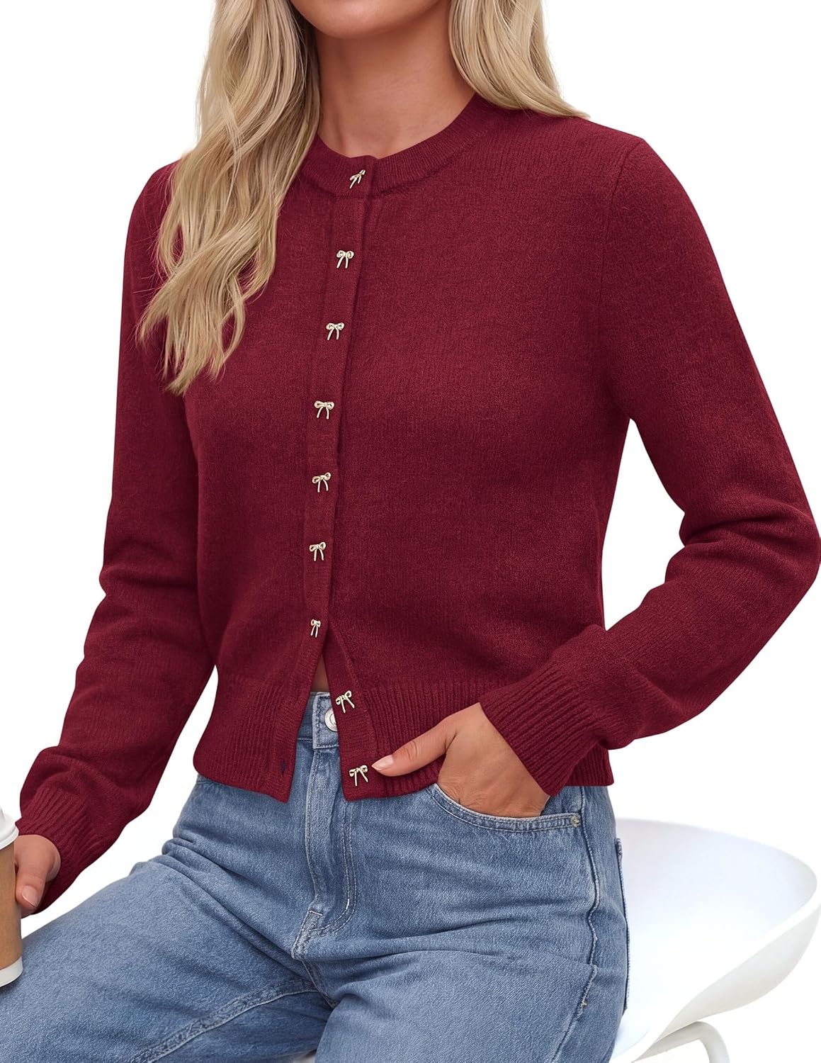 image:imagePRETTYGARDEN Womens Cropped Button Up Knit Cardigan SweaterBurgundy