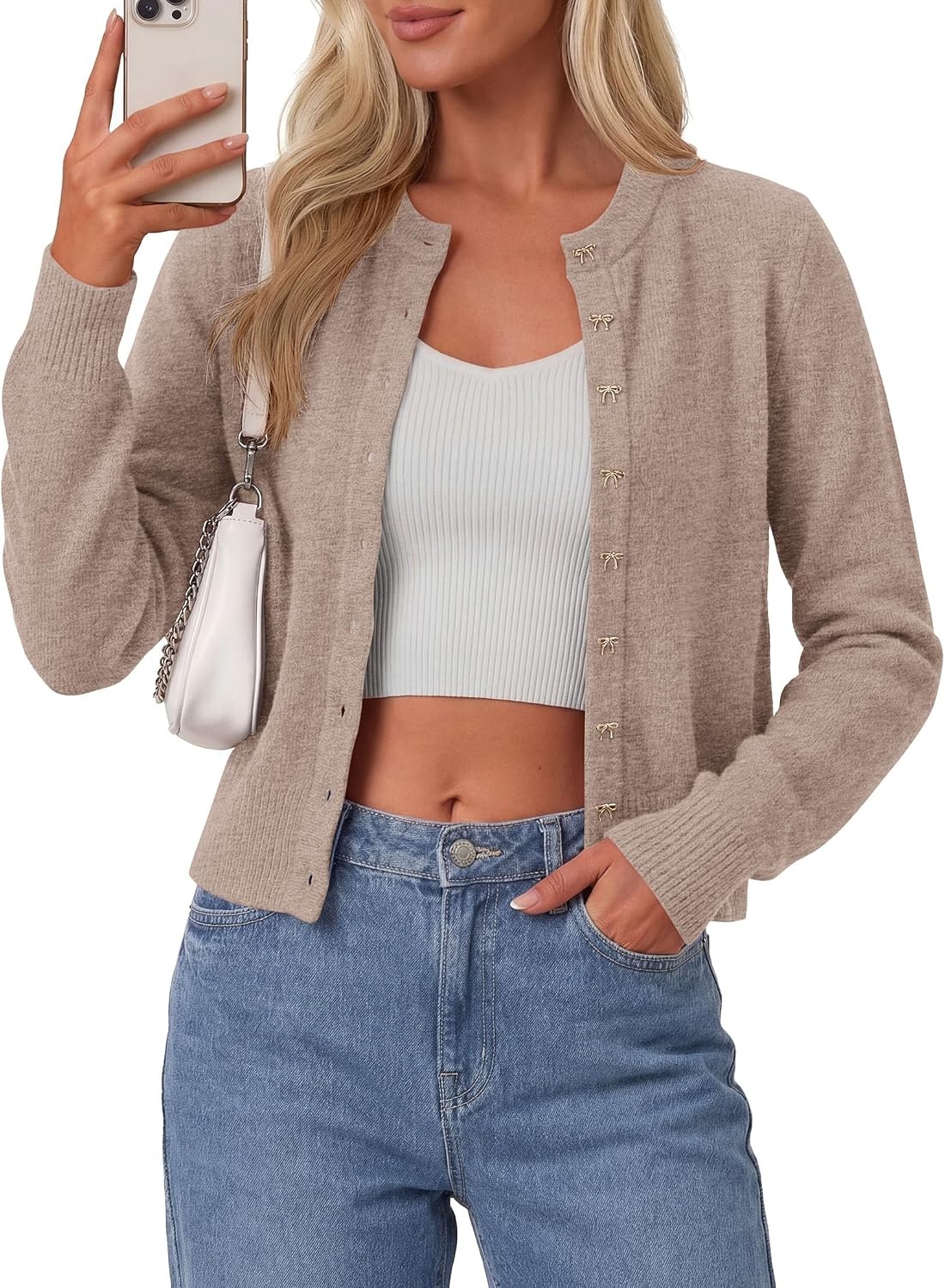 image:imagePRETTYGARDEN Womens Cropped Button Up Knit Cardigan SweaterKhaki
