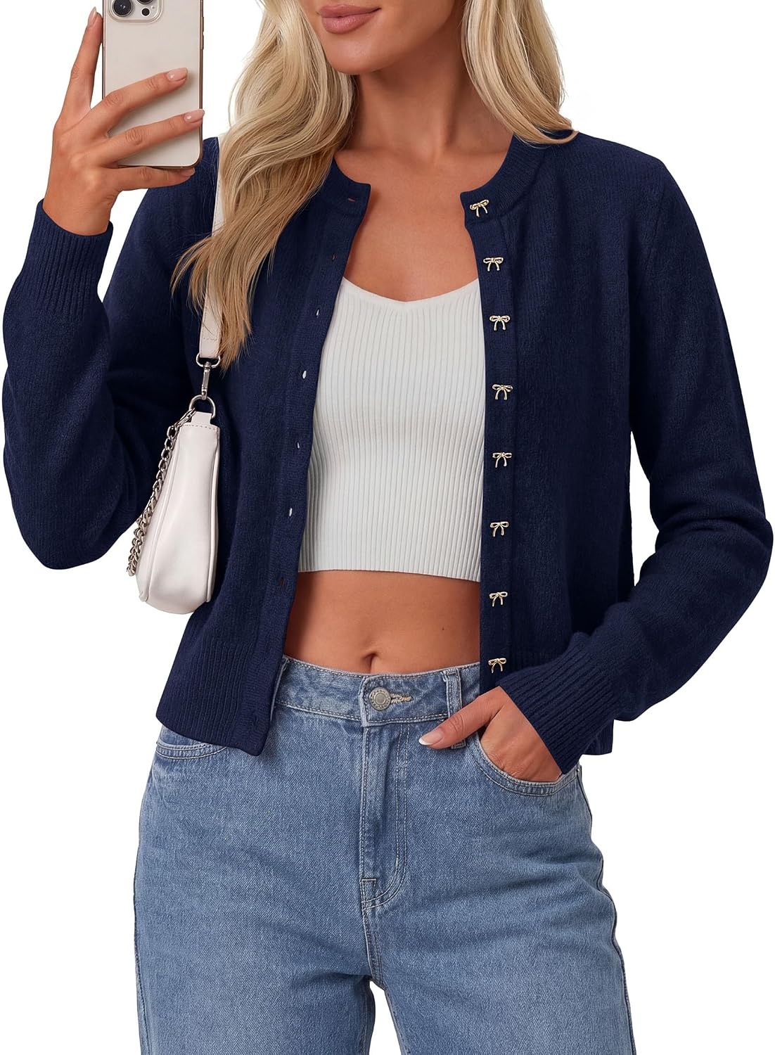 image:imagePRETTYGARDEN Womens Cropped Button Up Knit Cardigan SweaterNavy Blue