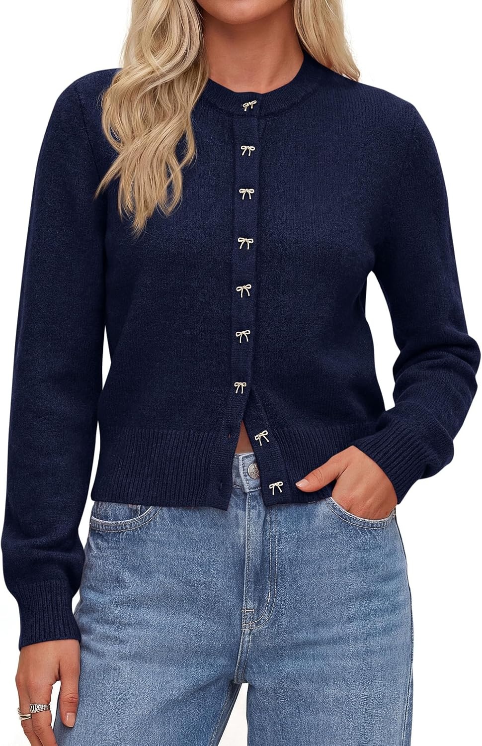 image:imagePRETTYGARDEN Womens Cropped Button Up Knit Cardigan SweaterNavy Blue