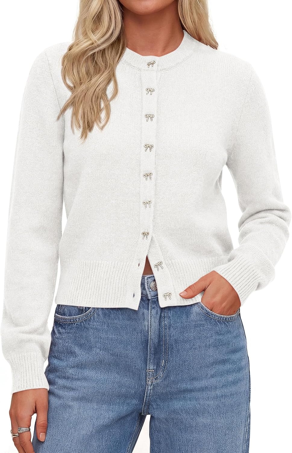 image:imagePRETTYGARDEN Womens Cropped Button Up Knit Cardigan SweaterWhite