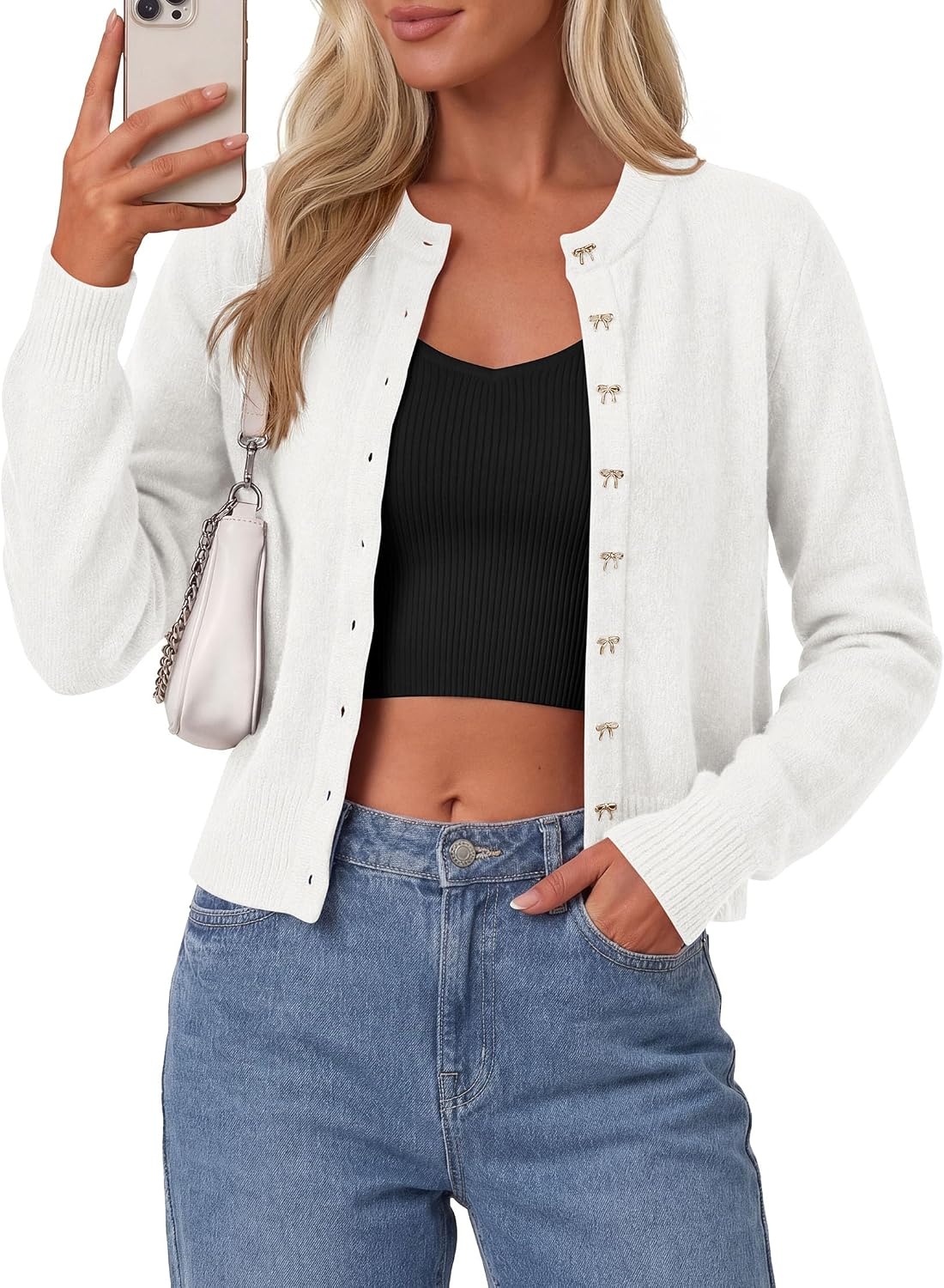 image:imagePRETTYGARDEN Womens Cropped Button Up Knit Cardigan SweaterWhite
