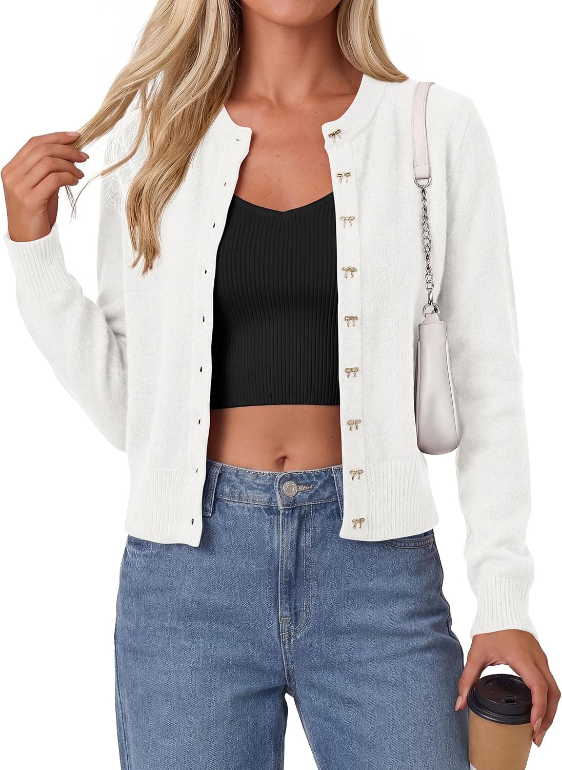 image:imagePRETTYGARDEN Womens Cropped Button Up Knit Cardigan SweaterWhite