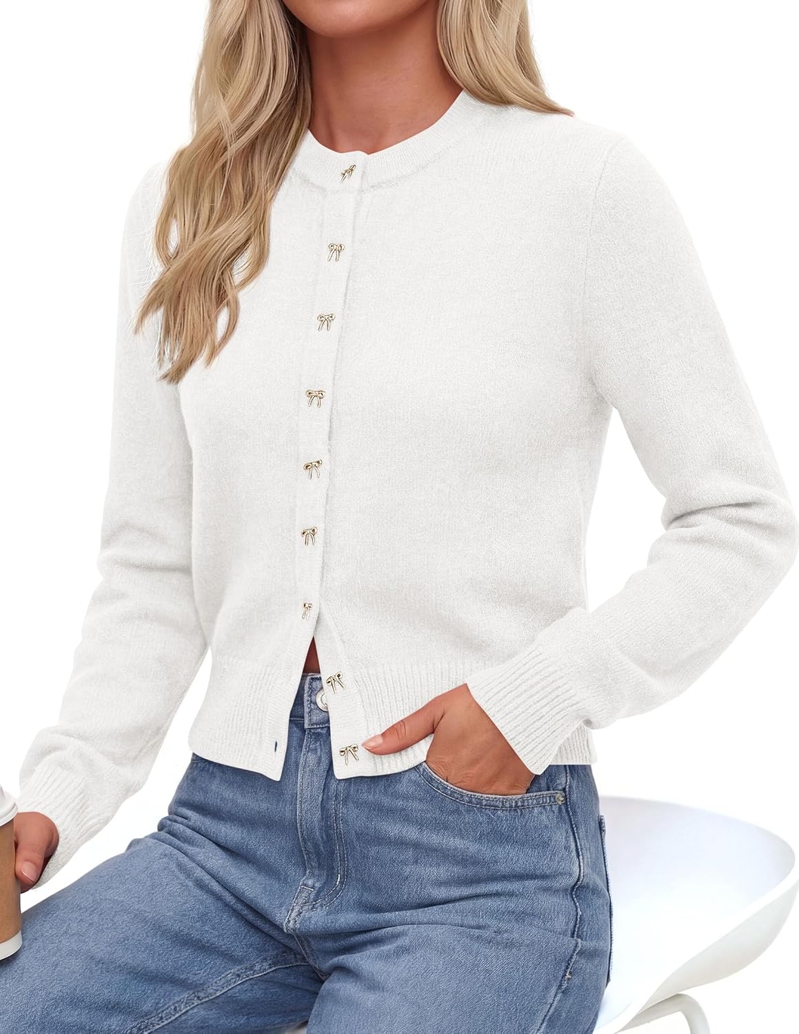 image:imagePRETTYGARDEN Womens Cropped Button Up Knit Cardigan SweaterWhite