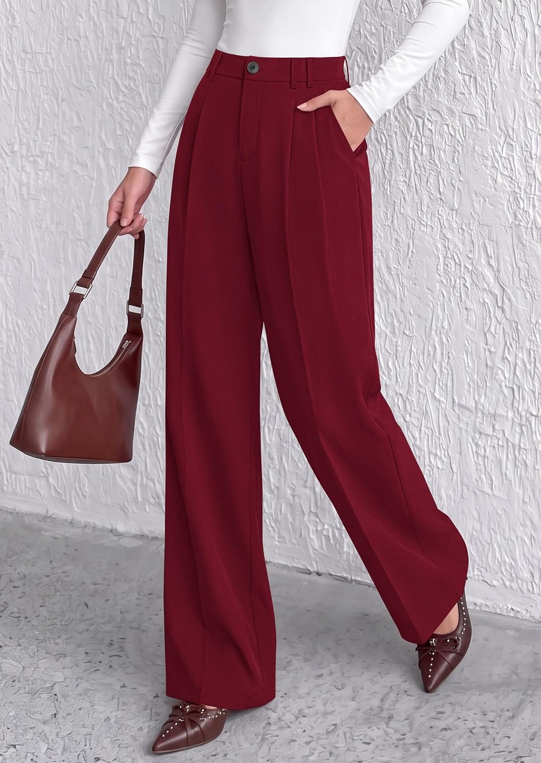 image:imagePRETTYGARDEN Womens Dress Pants Wide Leg Flowy TrousersBurgundy