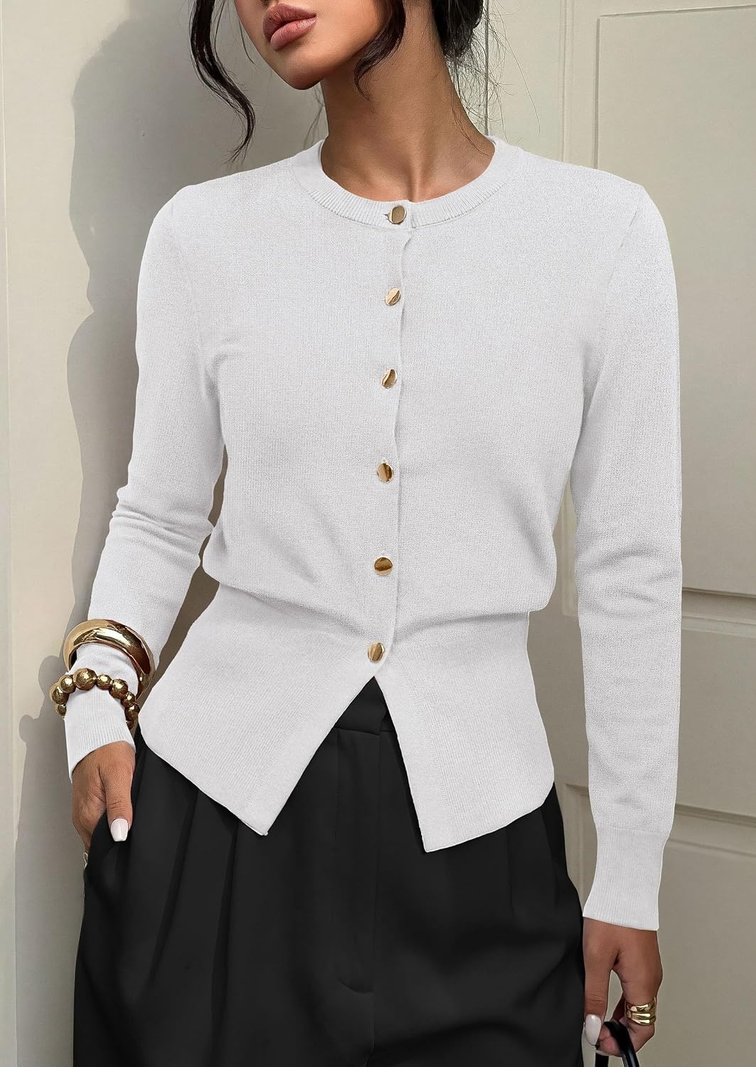 image:imagePRETTYGARDEN Womens Early Fall Fashion Knit Cardigan SweatersBeige White