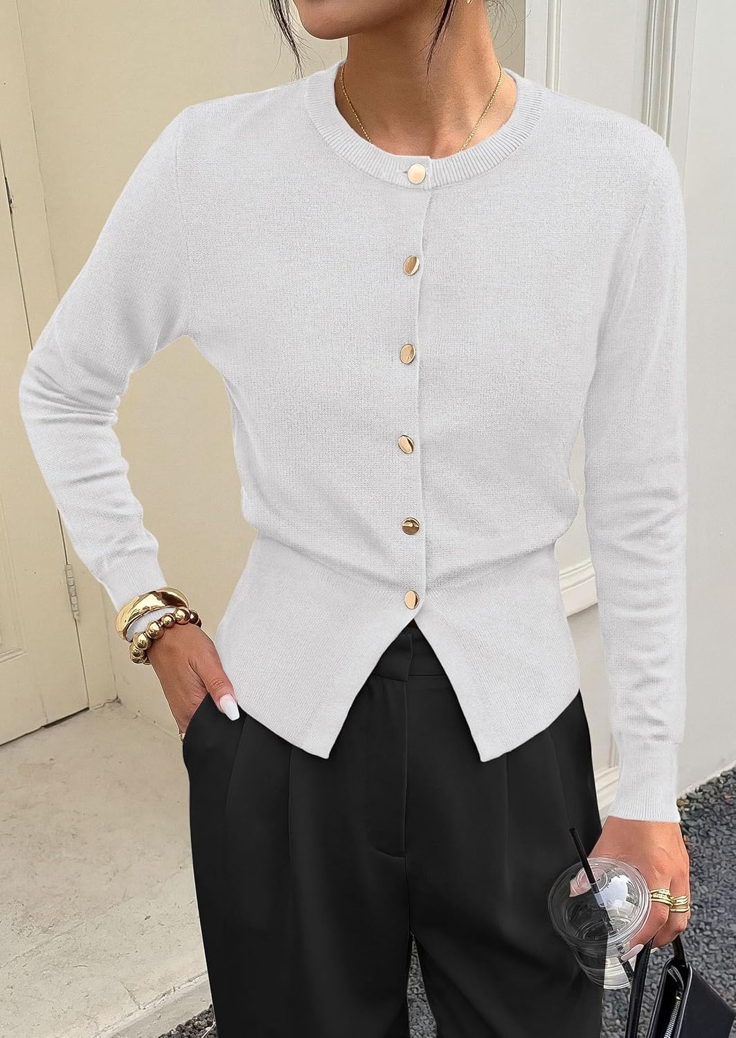 image:imagePRETTYGARDEN Womens Early Fall Fashion Knit Cardigan SweatersBeige White