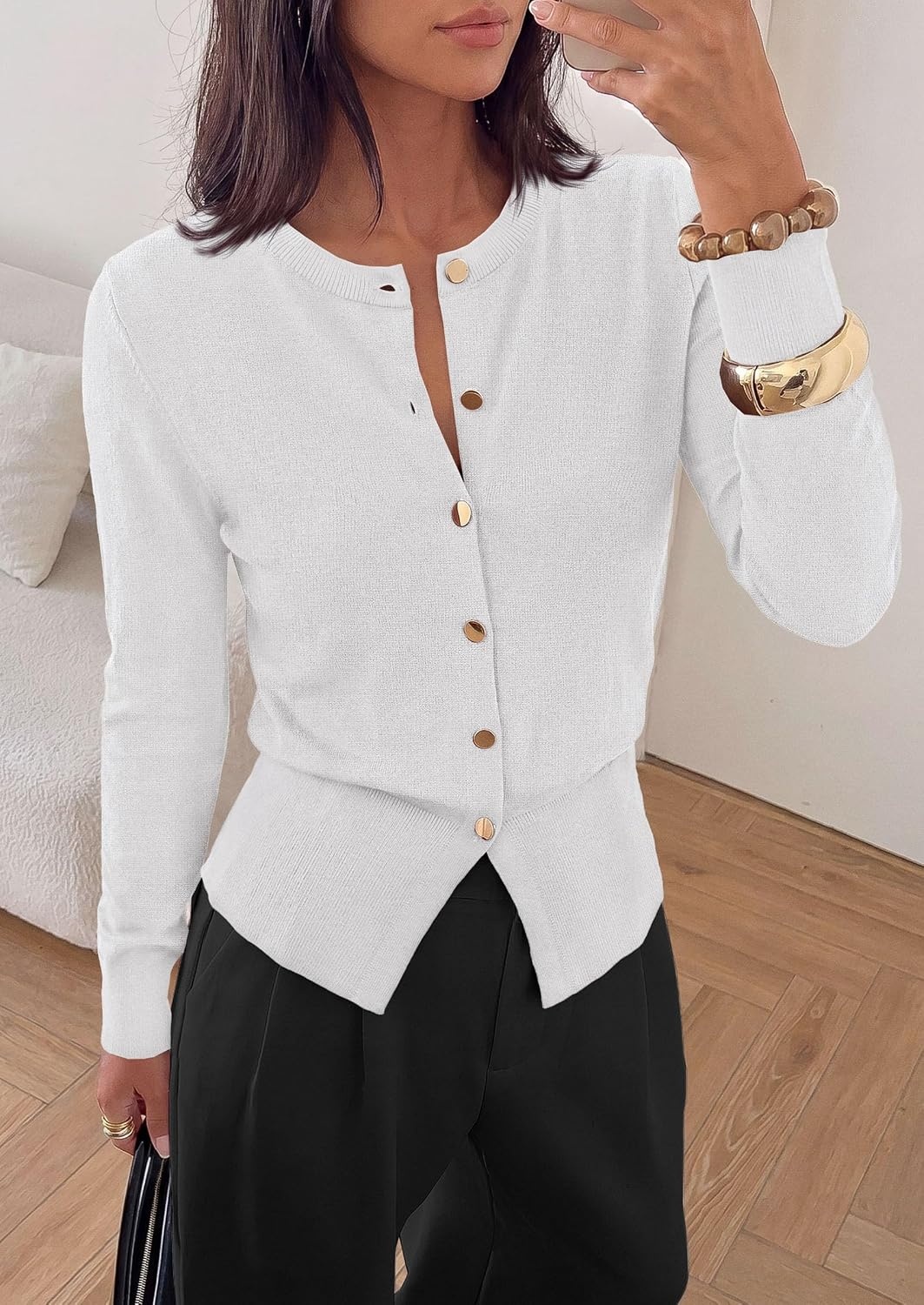 image:imagePRETTYGARDEN Womens Early Fall Fashion Knit Cardigan SweatersBeige White