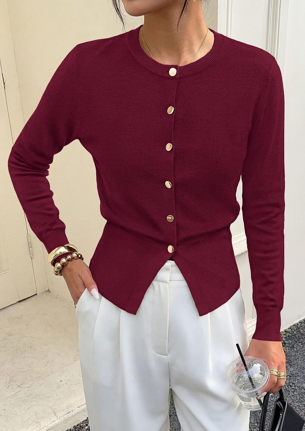 image:imagePRETTYGARDEN Womens Early Fall Fashion Knit Cardigan SweatersBurgundy