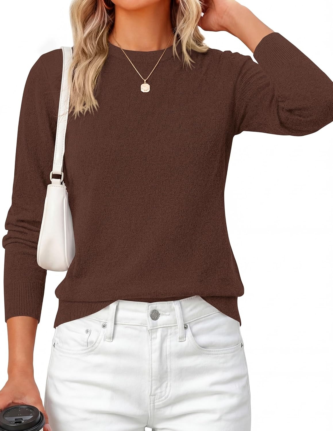image:imagePRETTYGARDEN Womens Fall Basic Long Sleeve SweaterLight Brown