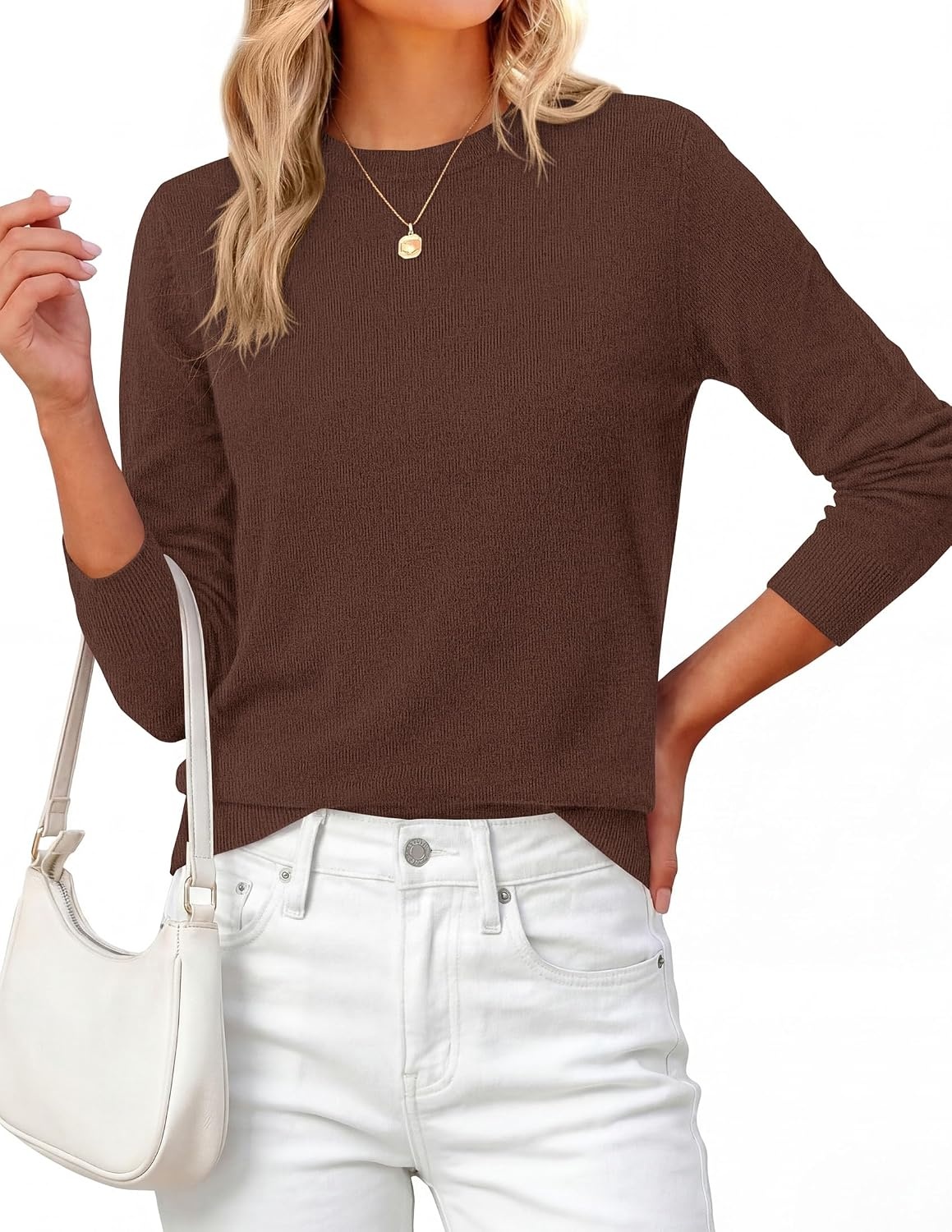 image:imagePRETTYGARDEN Womens Fall Basic Long Sleeve SweaterLight Brown