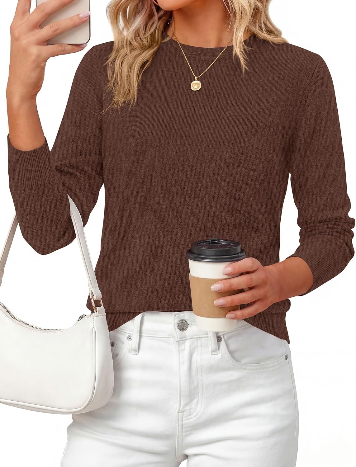 image:imagePRETTYGARDEN Womens Fall Basic Long Sleeve SweaterLight Brown