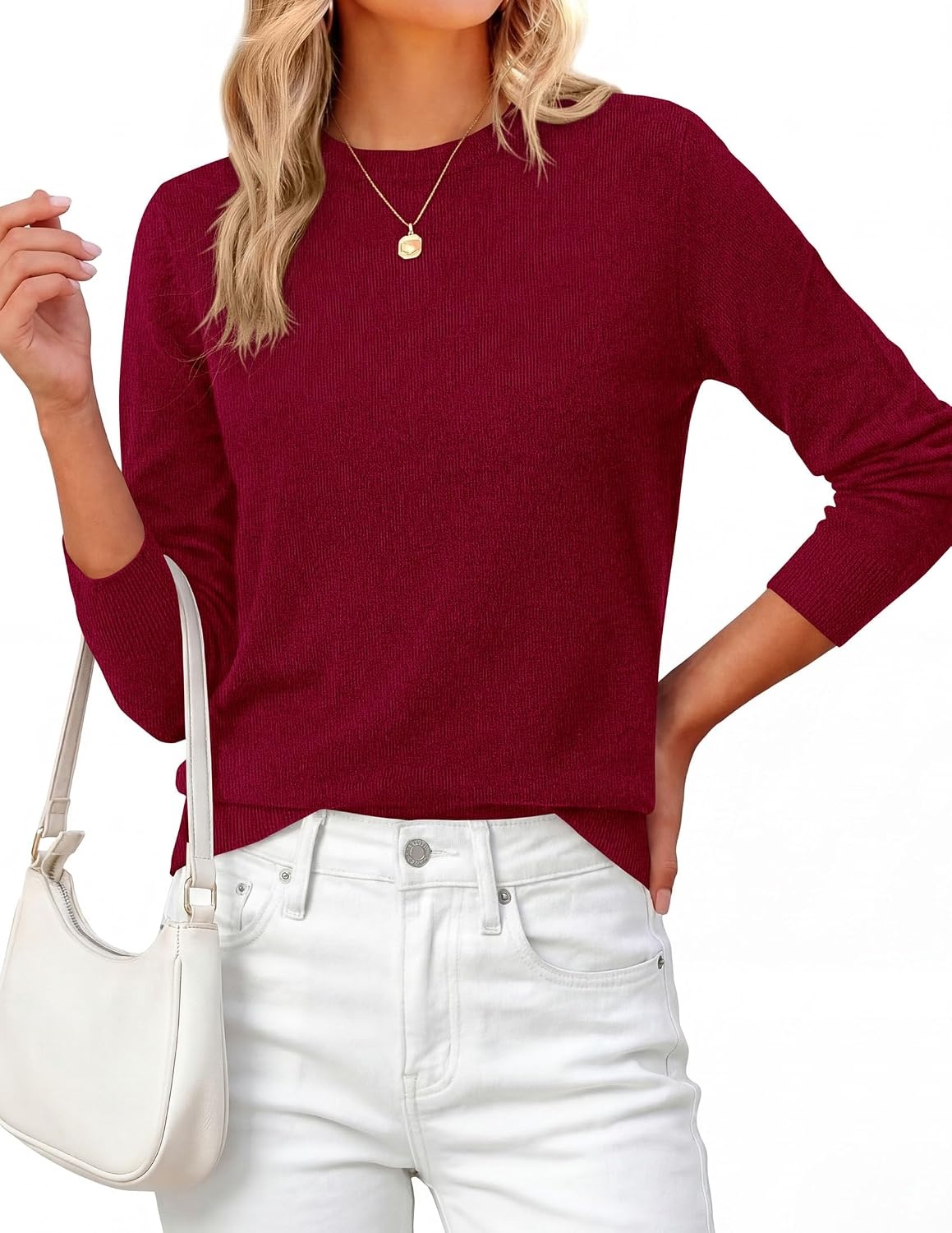 image:imagePRETTYGARDEN Womens Fall Basic Long Sleeve SweaterWine Red