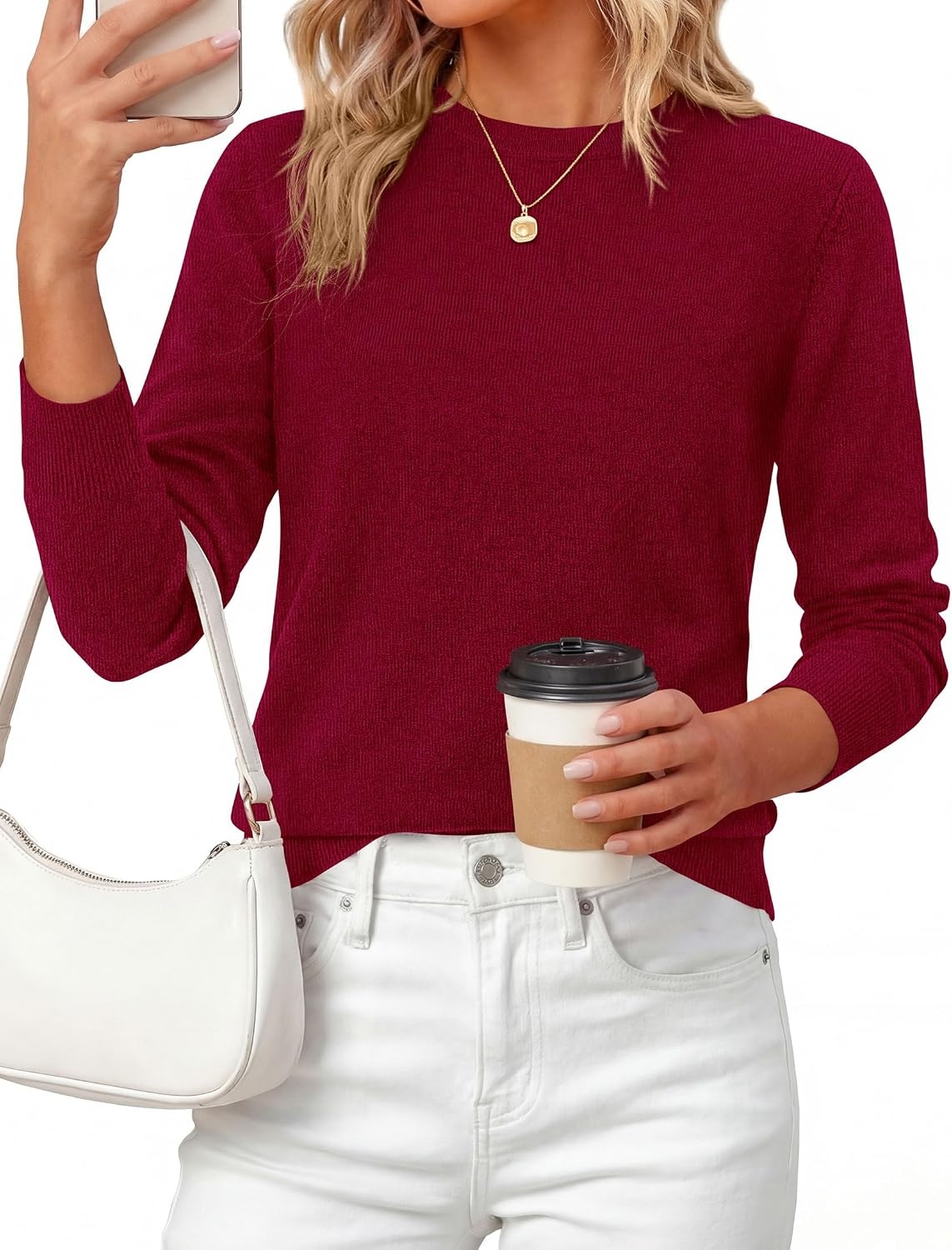 image:imagePRETTYGARDEN Womens Fall Basic Long Sleeve SweaterWine Red