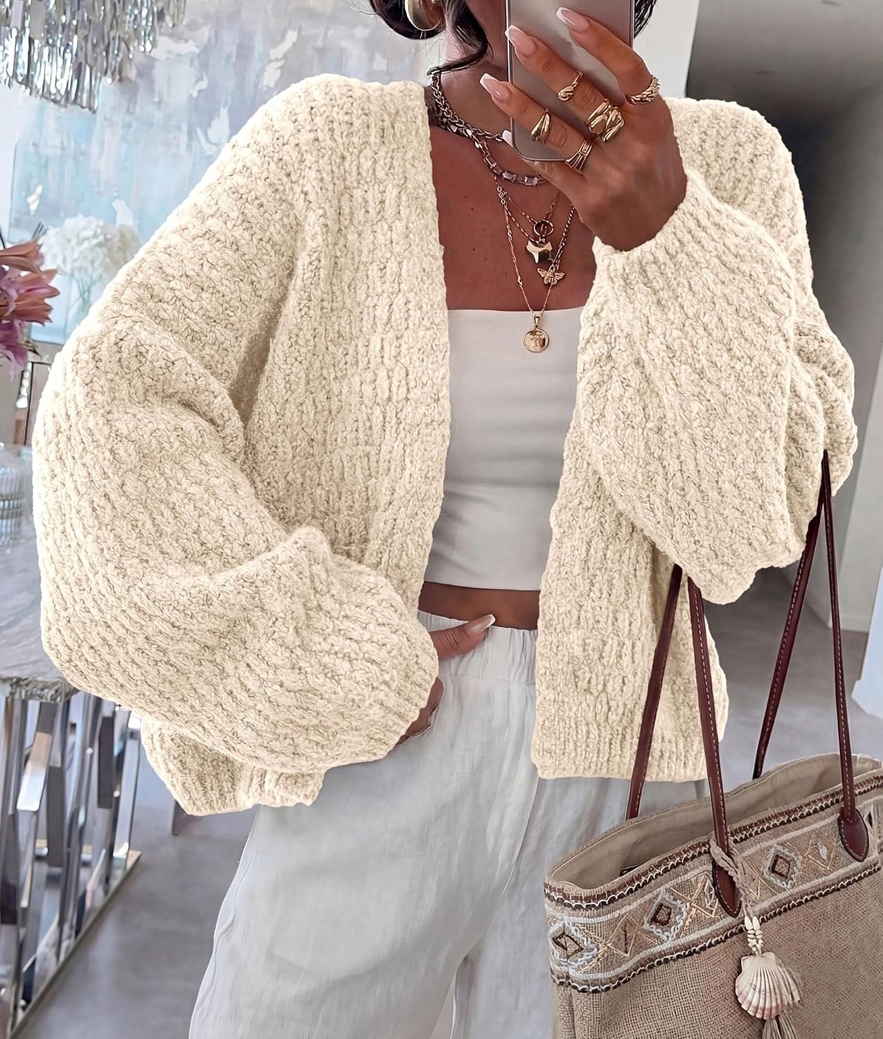 image:imagePRETTYGARDEN Womens Fall Cardigan Open Front Chunky SweatersBeige